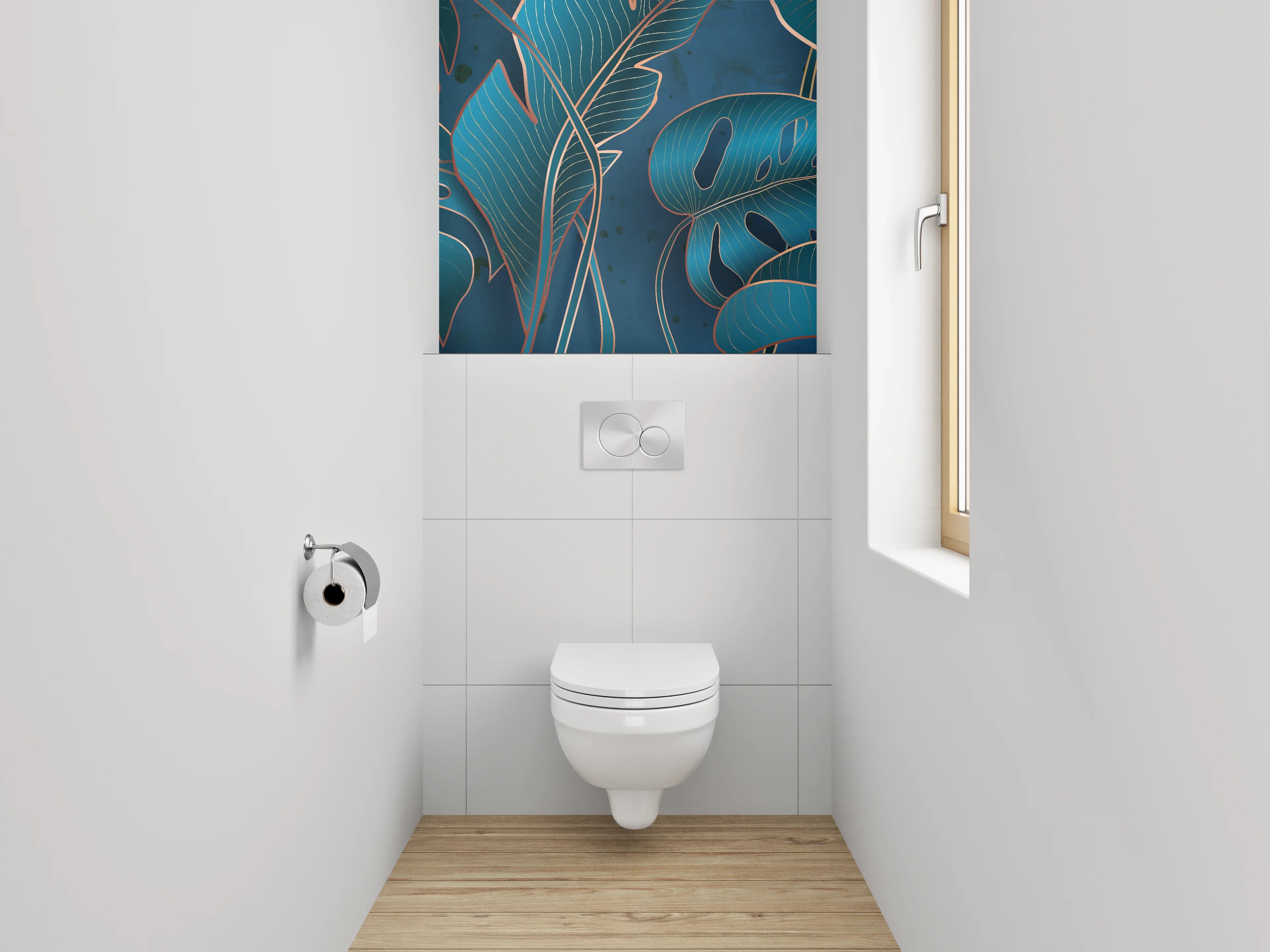 WC-Rückwand - Tropische Blätter Blau Illustration