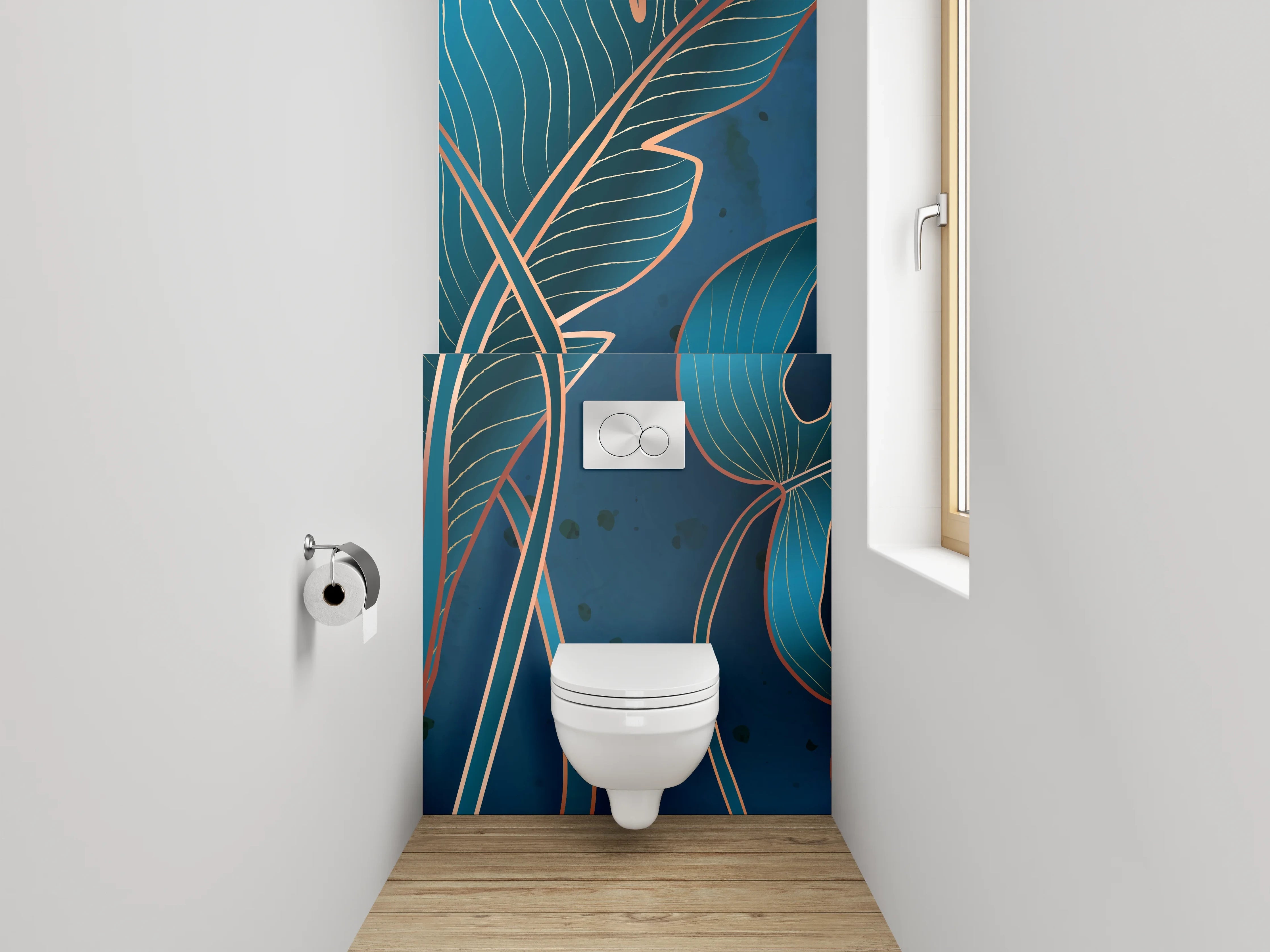 WC-Rückwand - Tropische Blätter Blau Illustration