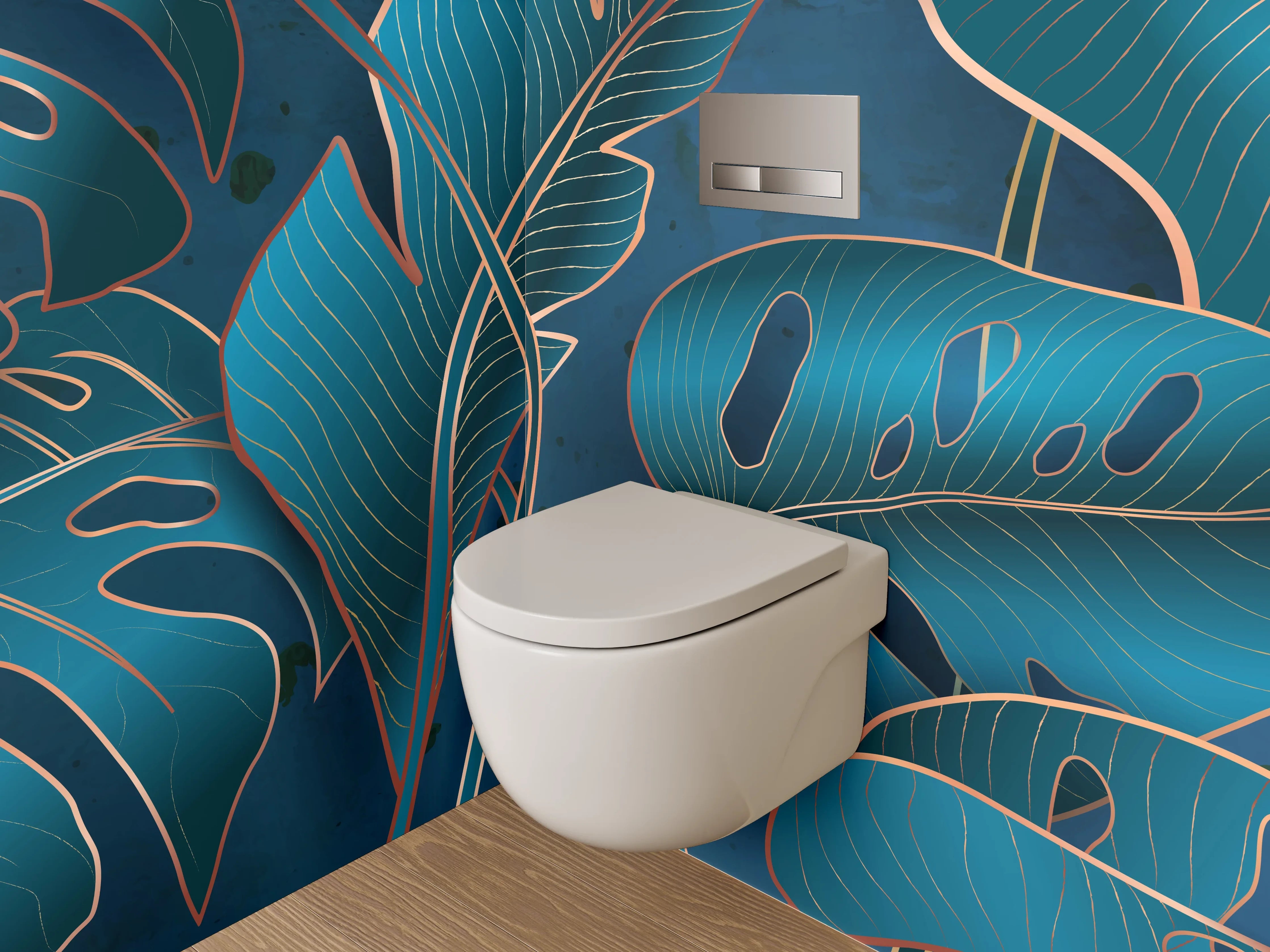WC-Rückwand - Tropische Blätter Blau Illustration
