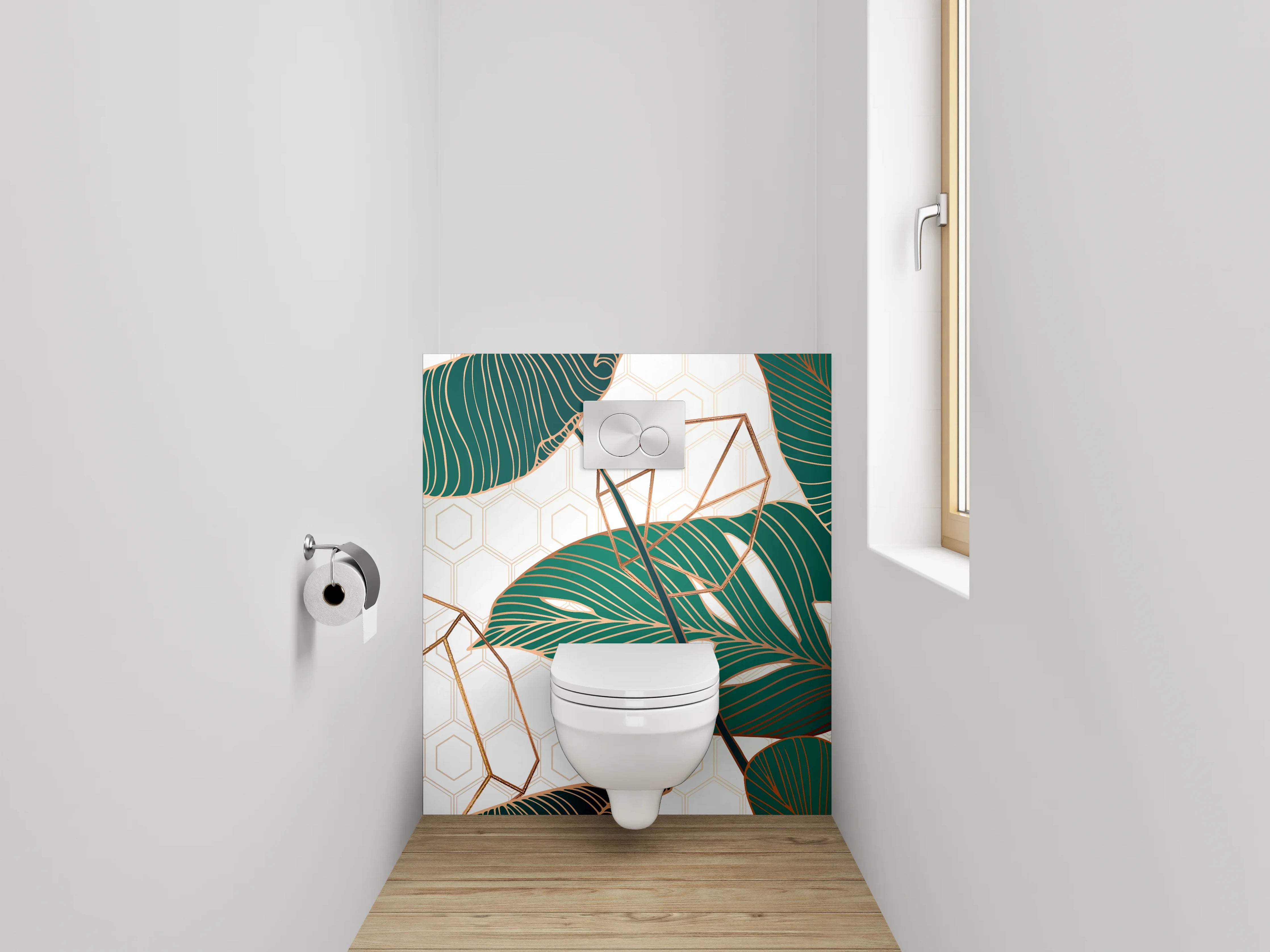 WC-Rückwand - Tropische Blätter Gold Geometrie