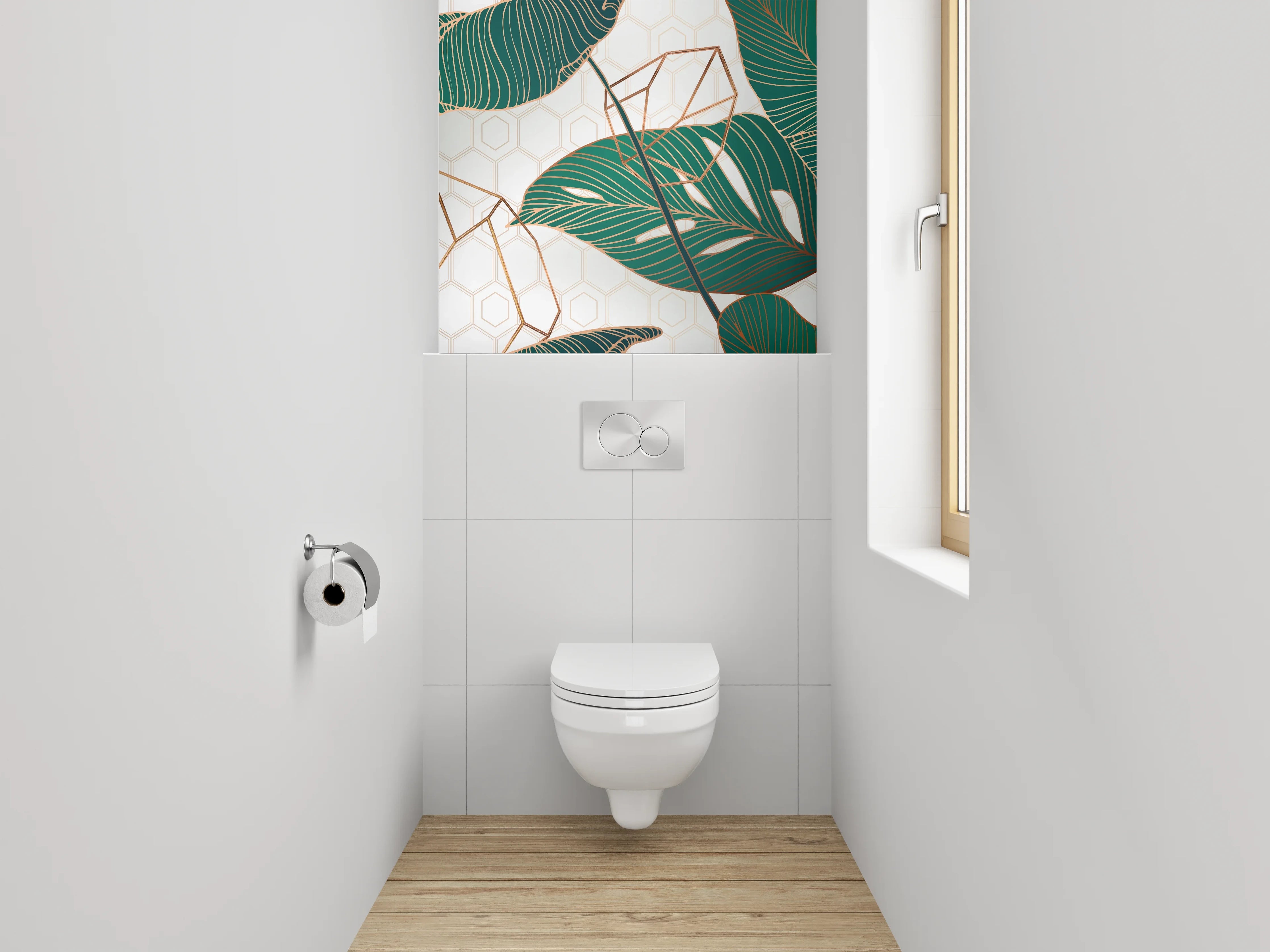 WC-Rückwand - Tropische Blätter Gold Geometrie