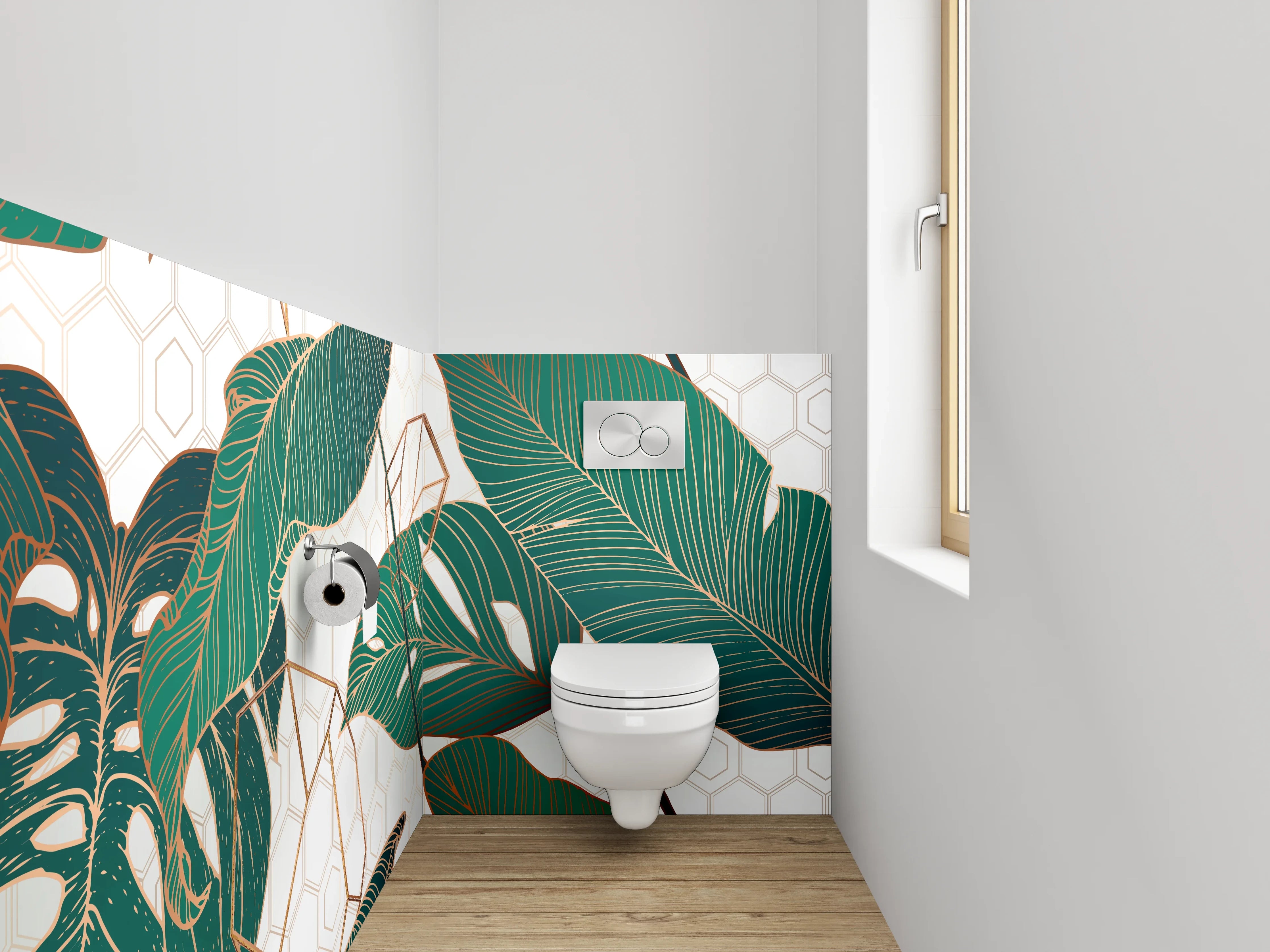 WC-Rückwand - Tropische Blätter Gold Geometrie