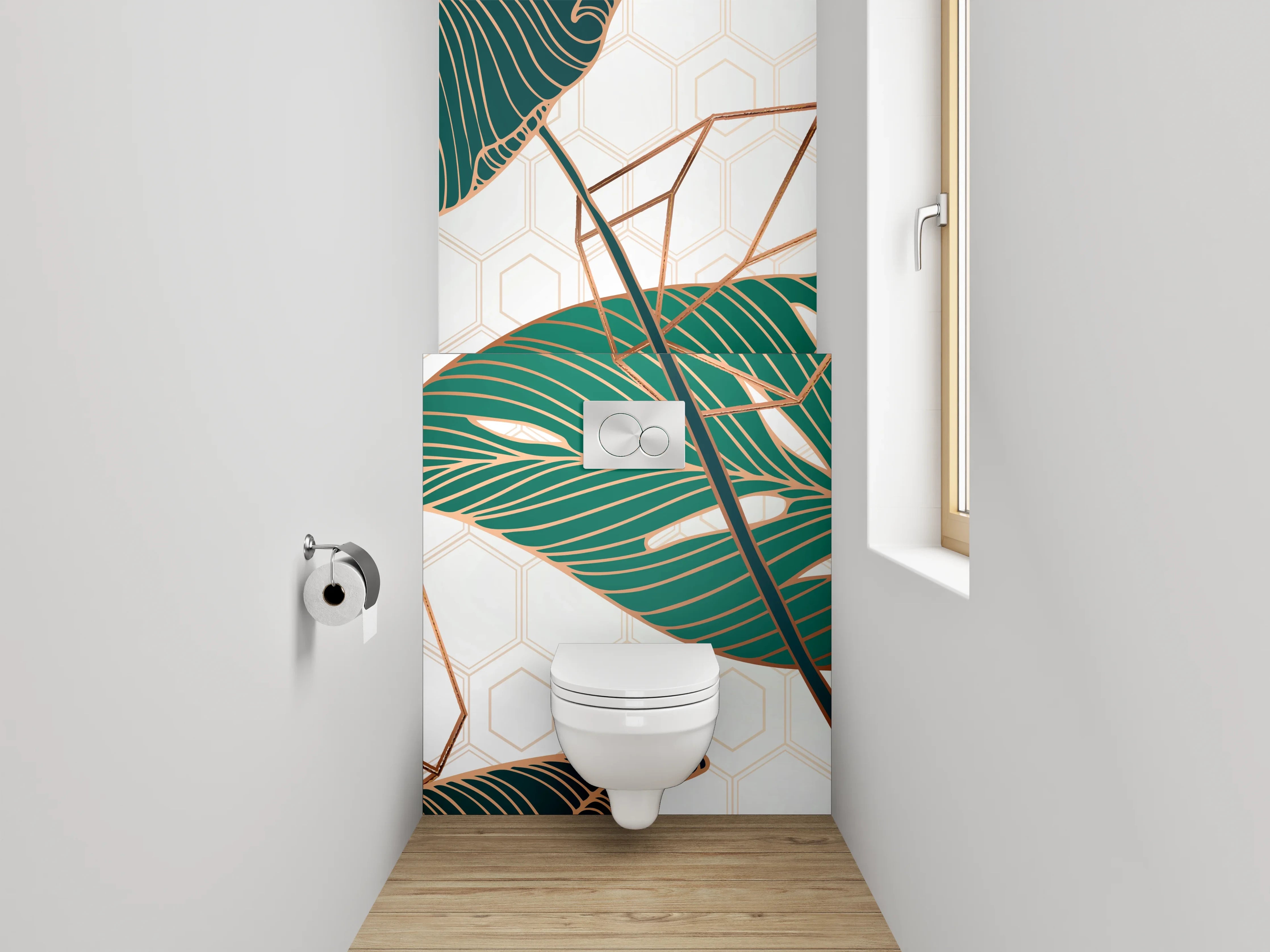 WC-Rückwand - Tropische Blätter Gold Geometrie