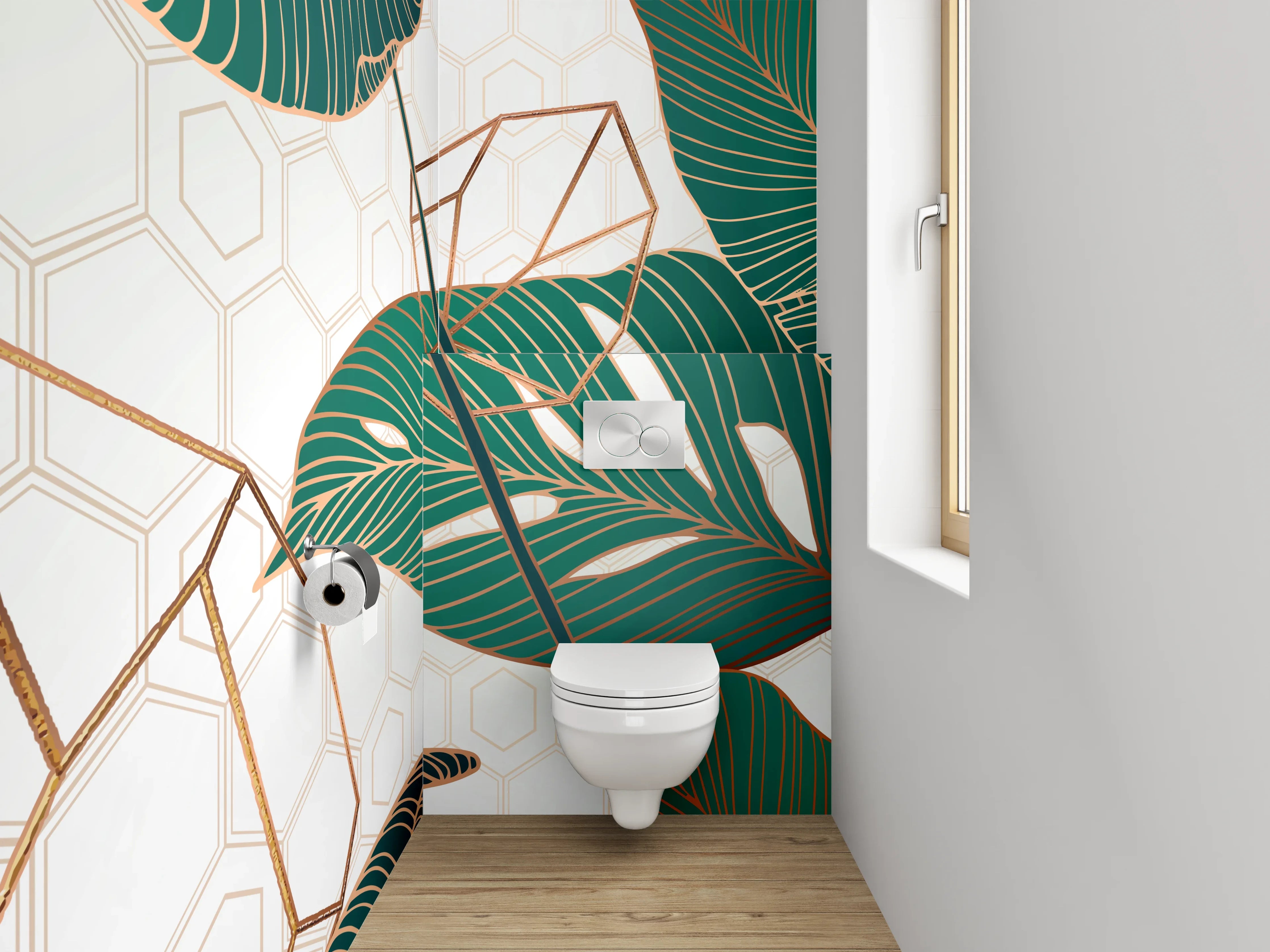 WC-Rückwand - Tropische Blätter Gold Geometrie