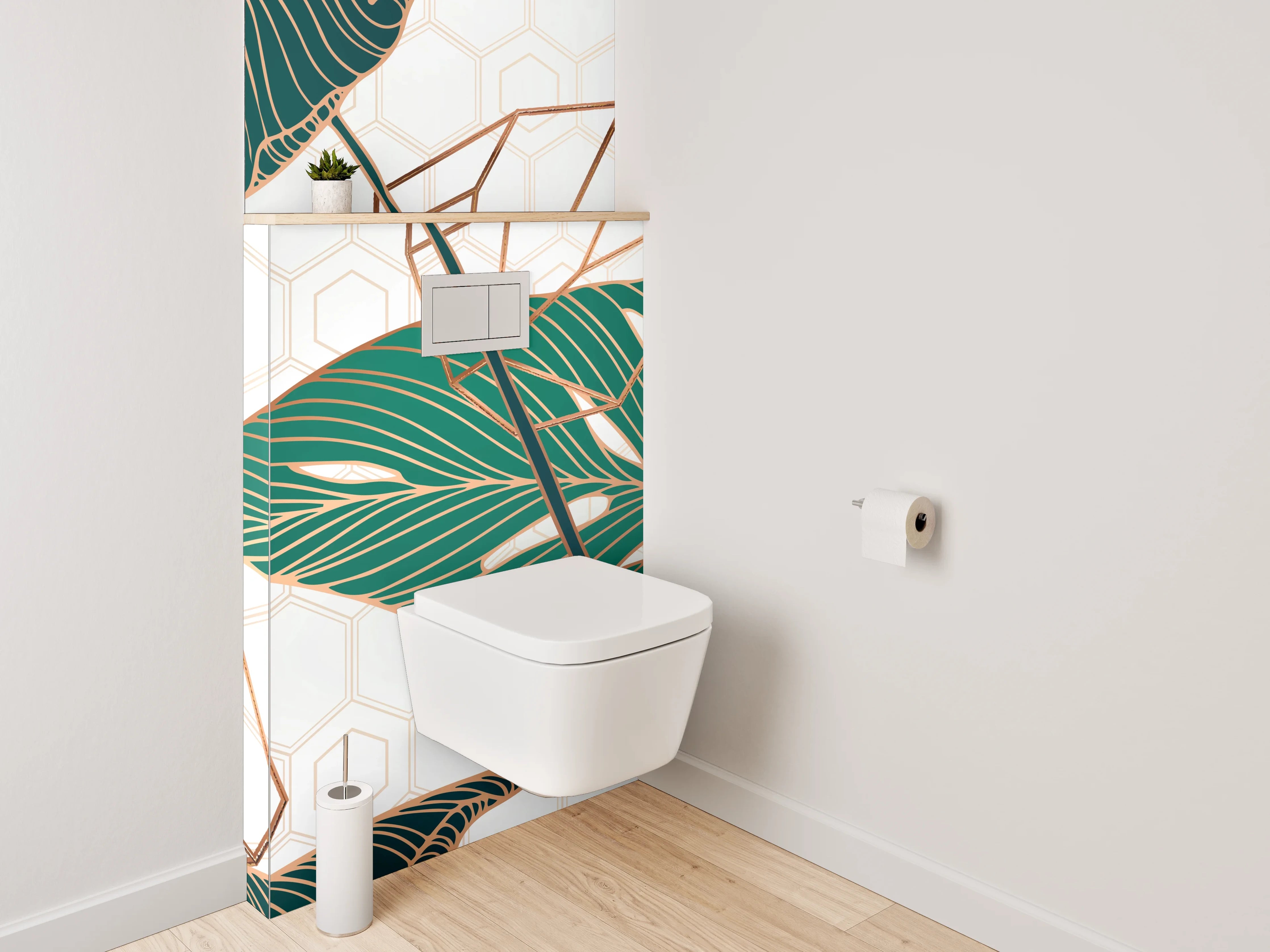 WC-Rückwand - Tropische Blätter Gold Geometrie