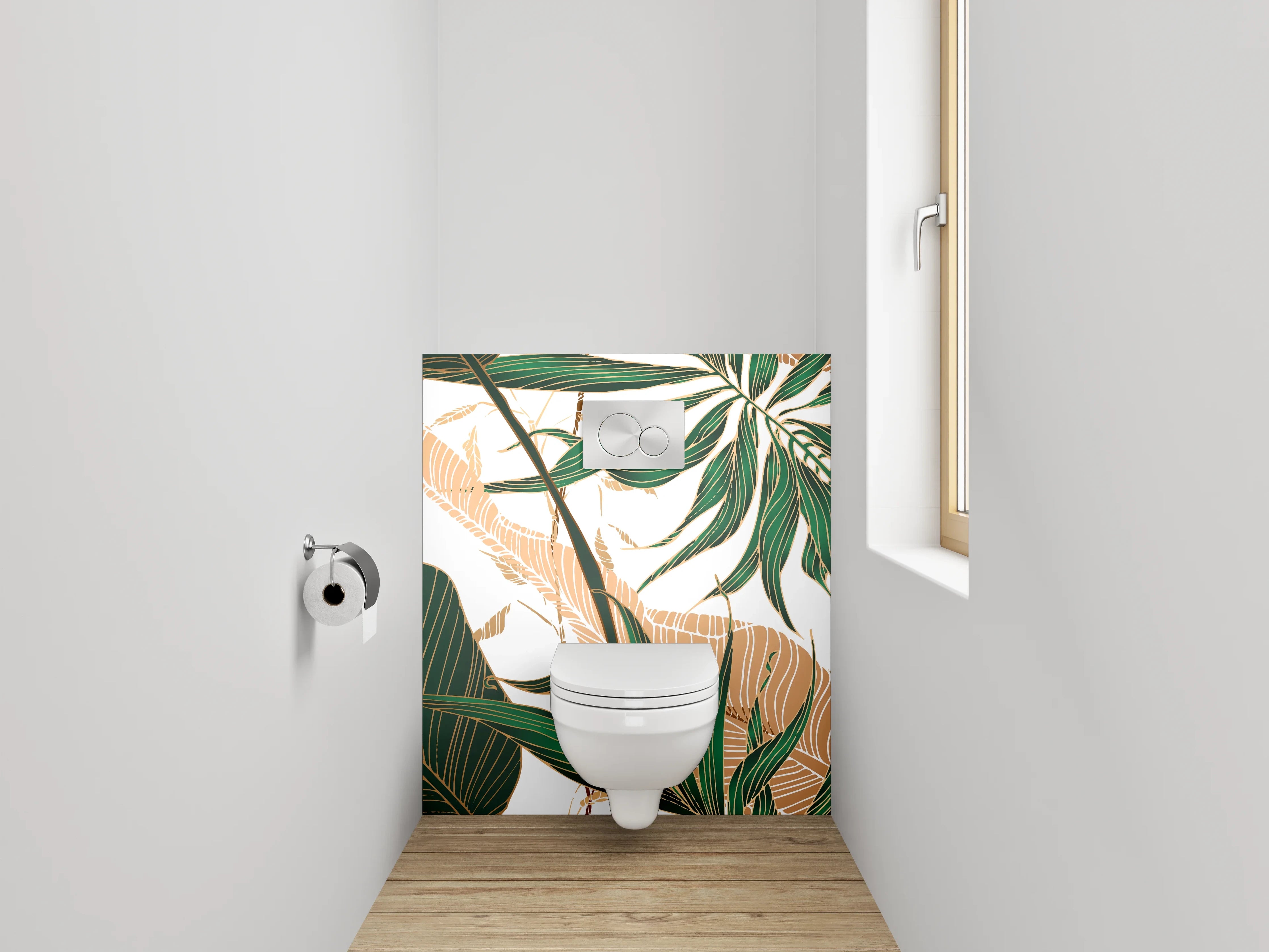 WC-Rückwand - Tropische Blätter Illustration grün gold
