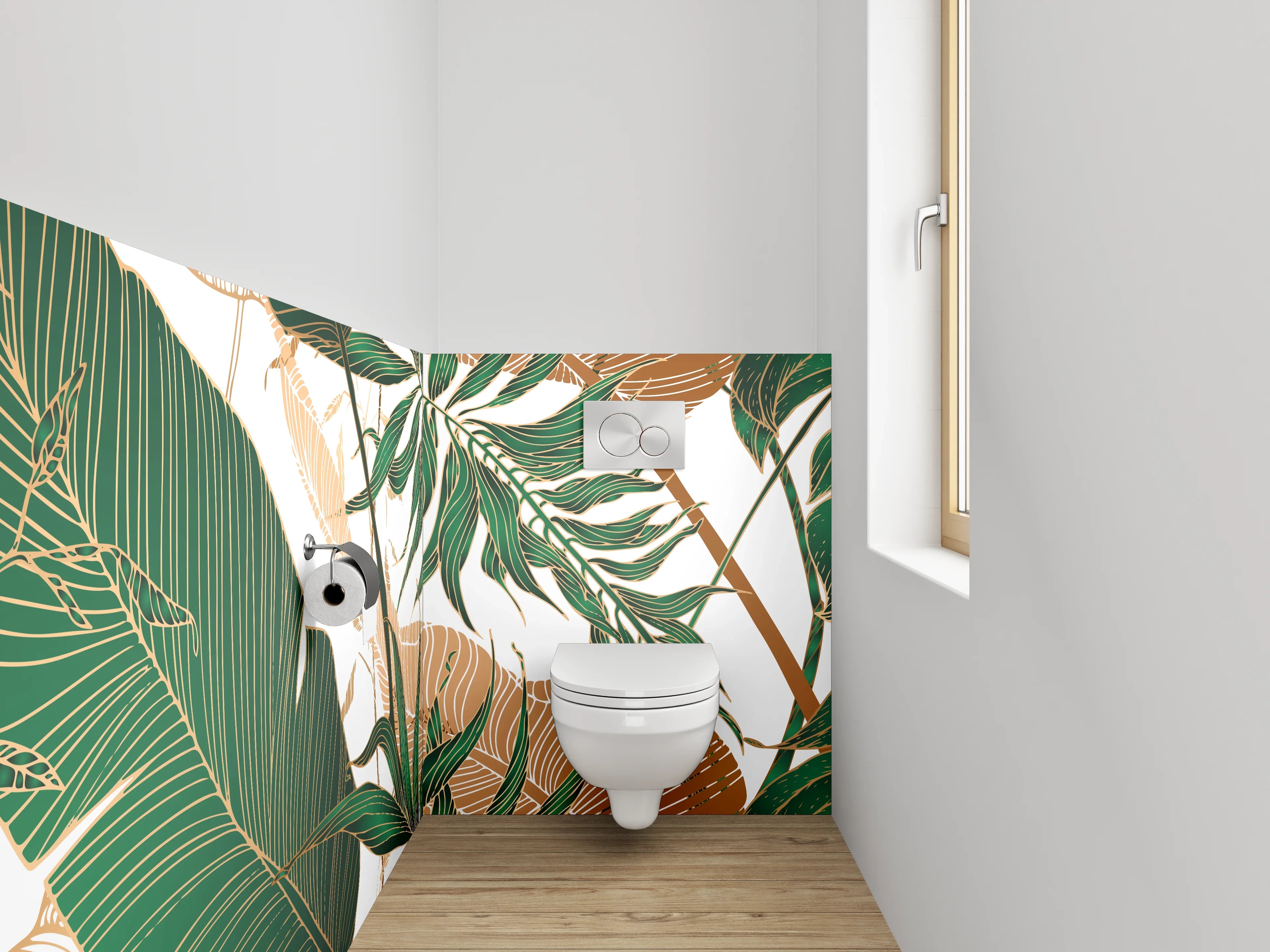 WC-Rückwand - Tropische Blätter Illustration grün gold