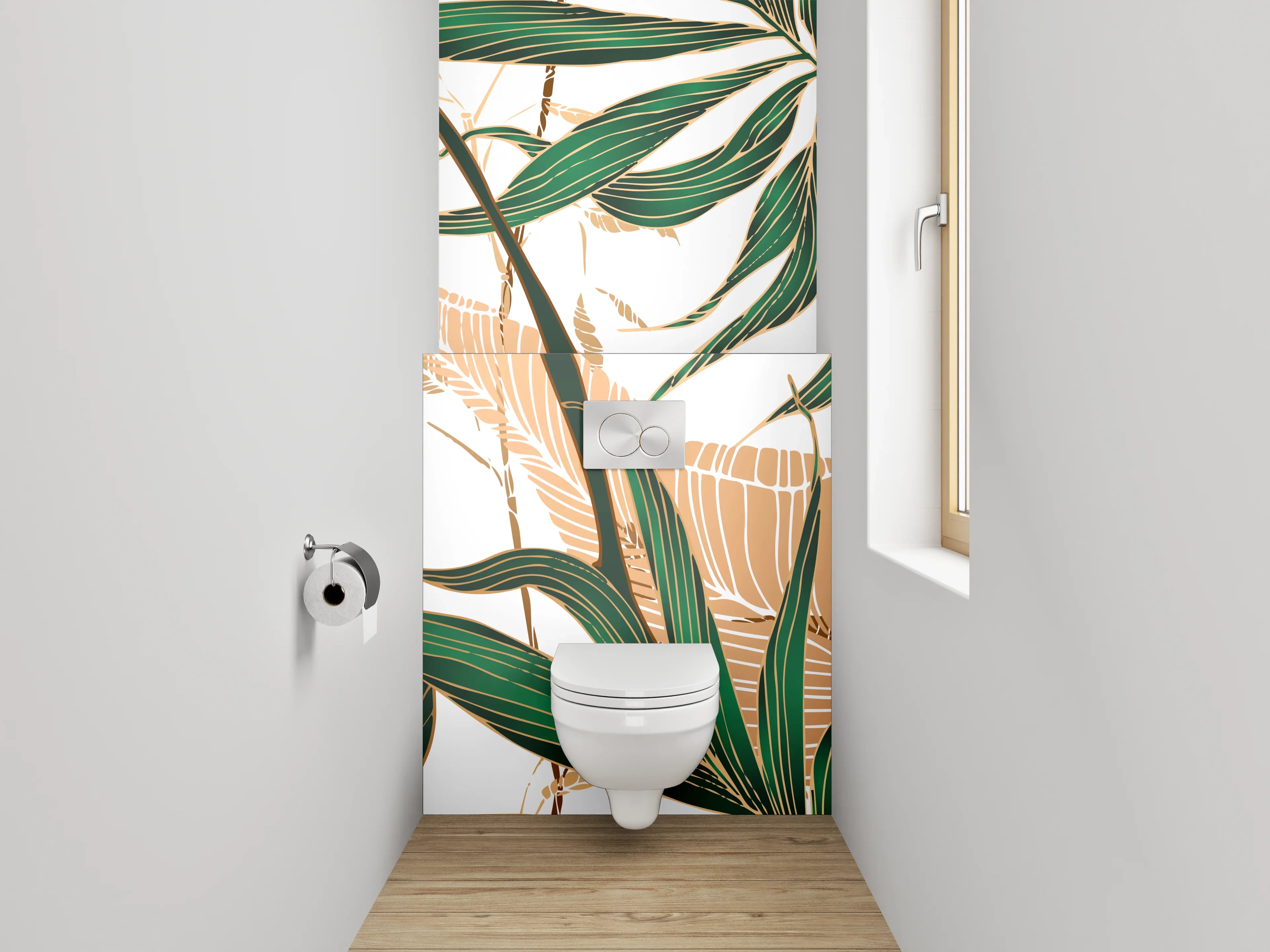 WC-Rückwand - Tropische Blätter Illustration grün gold