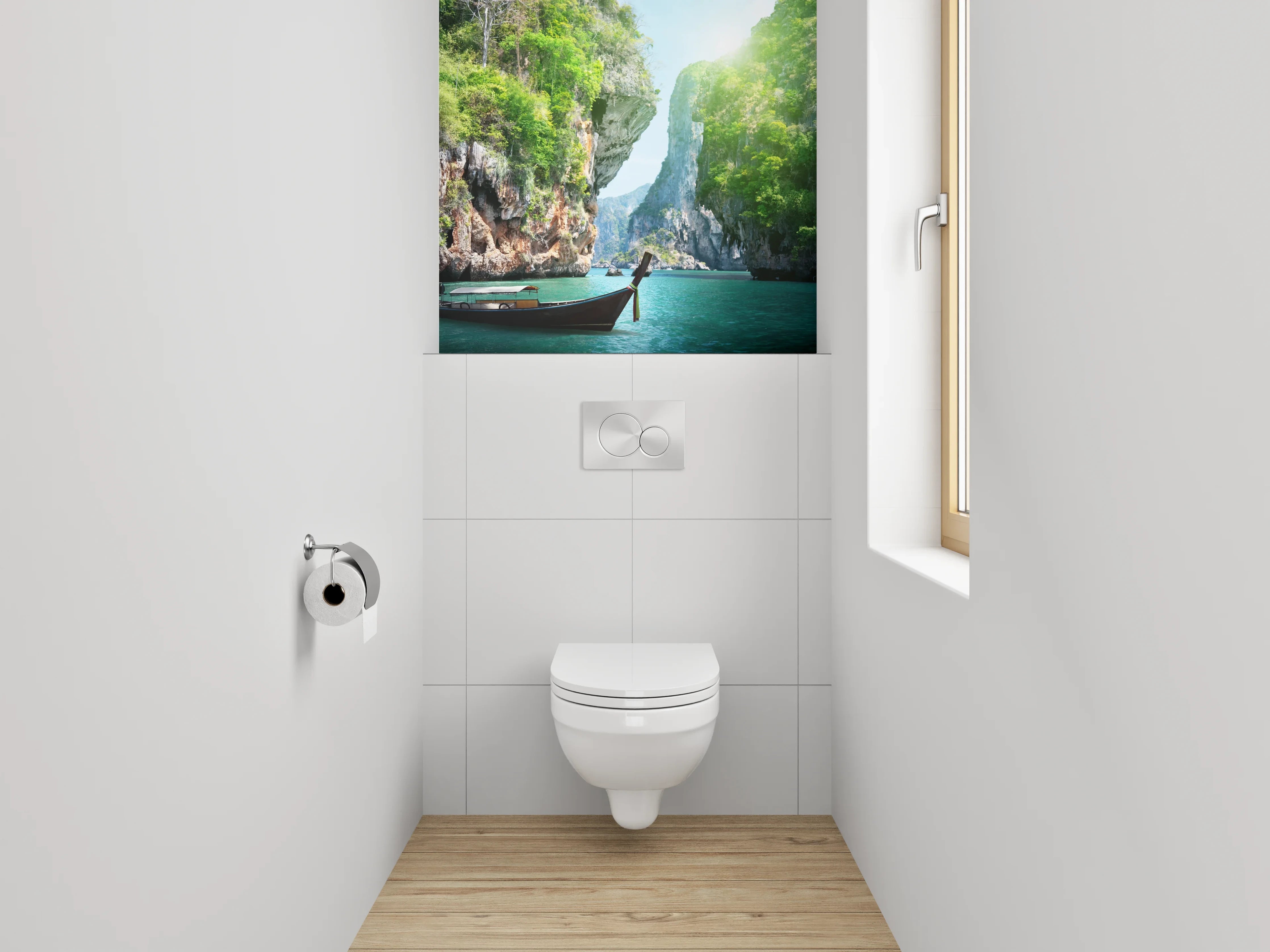 WC-Rückwand - Tropische Felsenbucht mit Boot