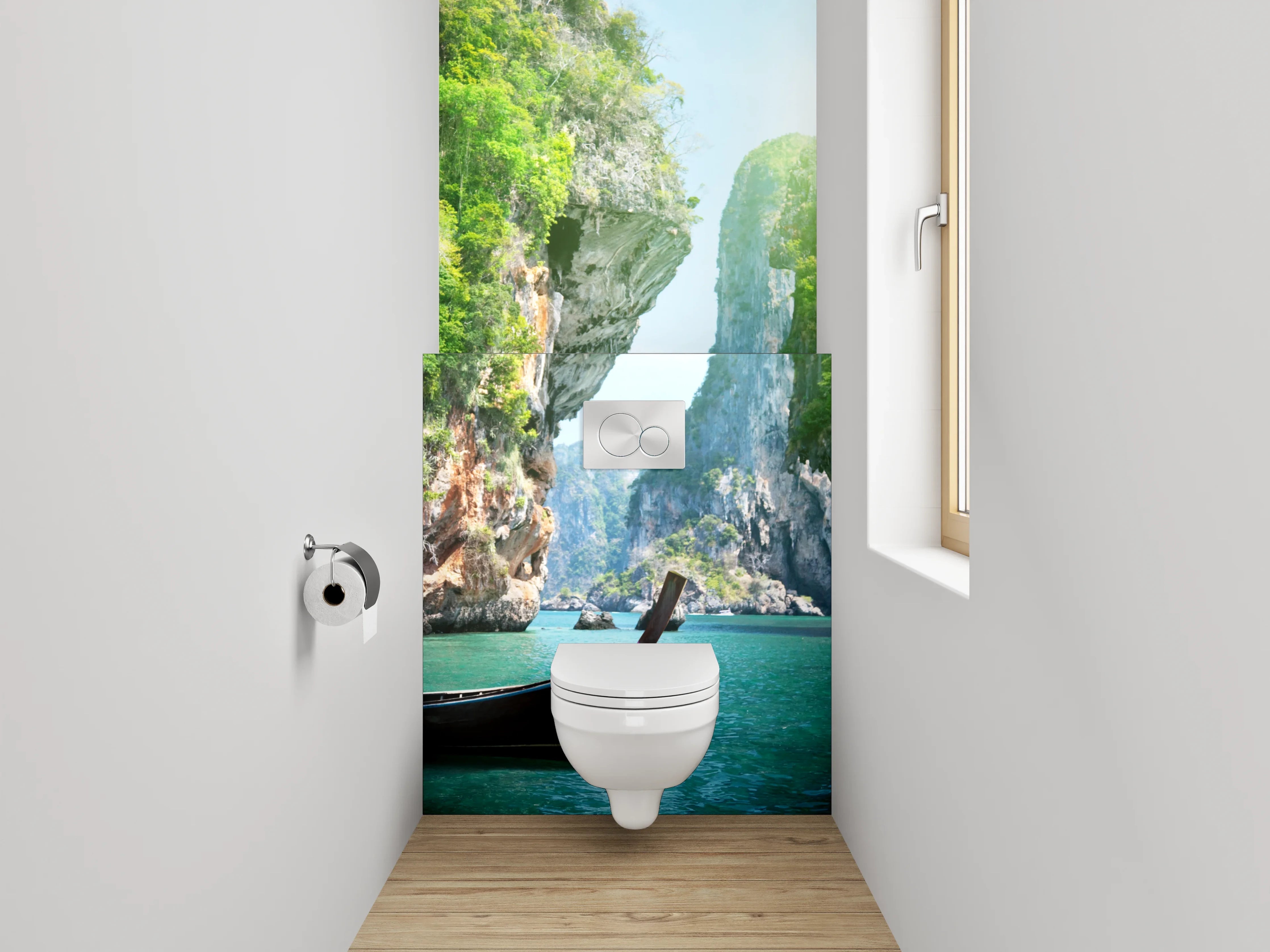 WC-Rückwand - Tropische Felsenbucht mit Boot