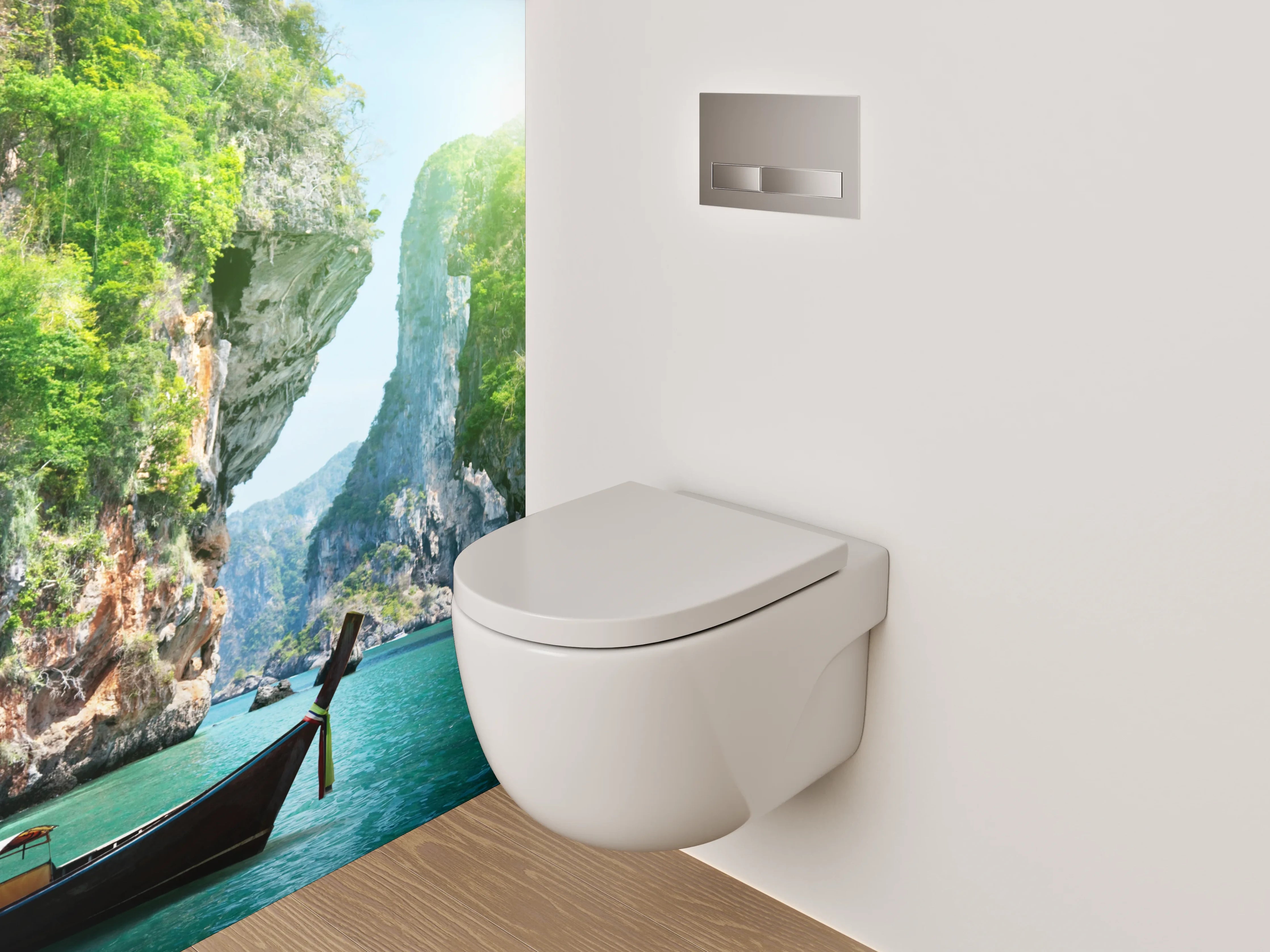 WC-Rückwand - Tropische Felsenbucht mit Boot