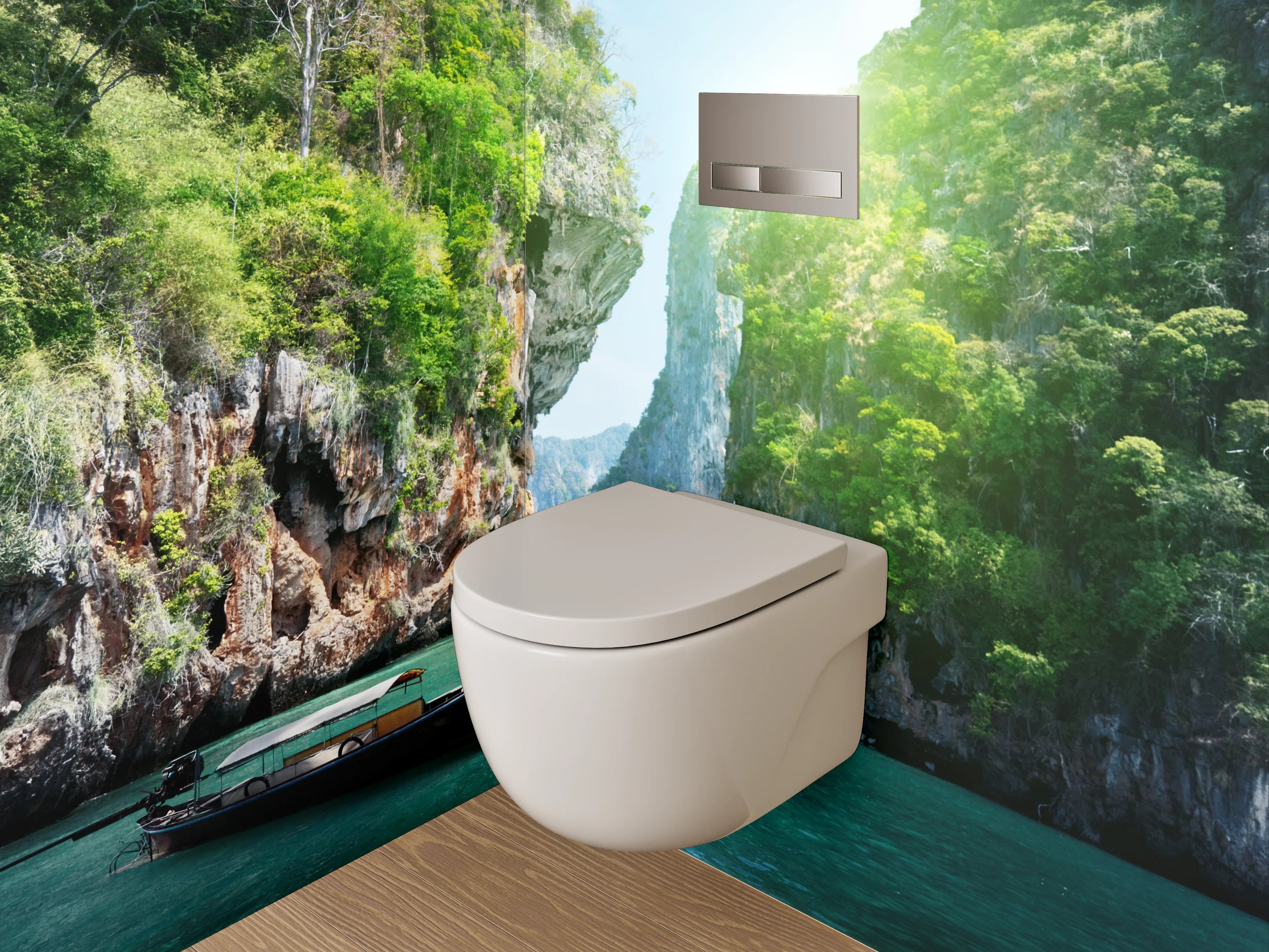 WC-Rückwand - Tropische Felsenbucht mit Boot