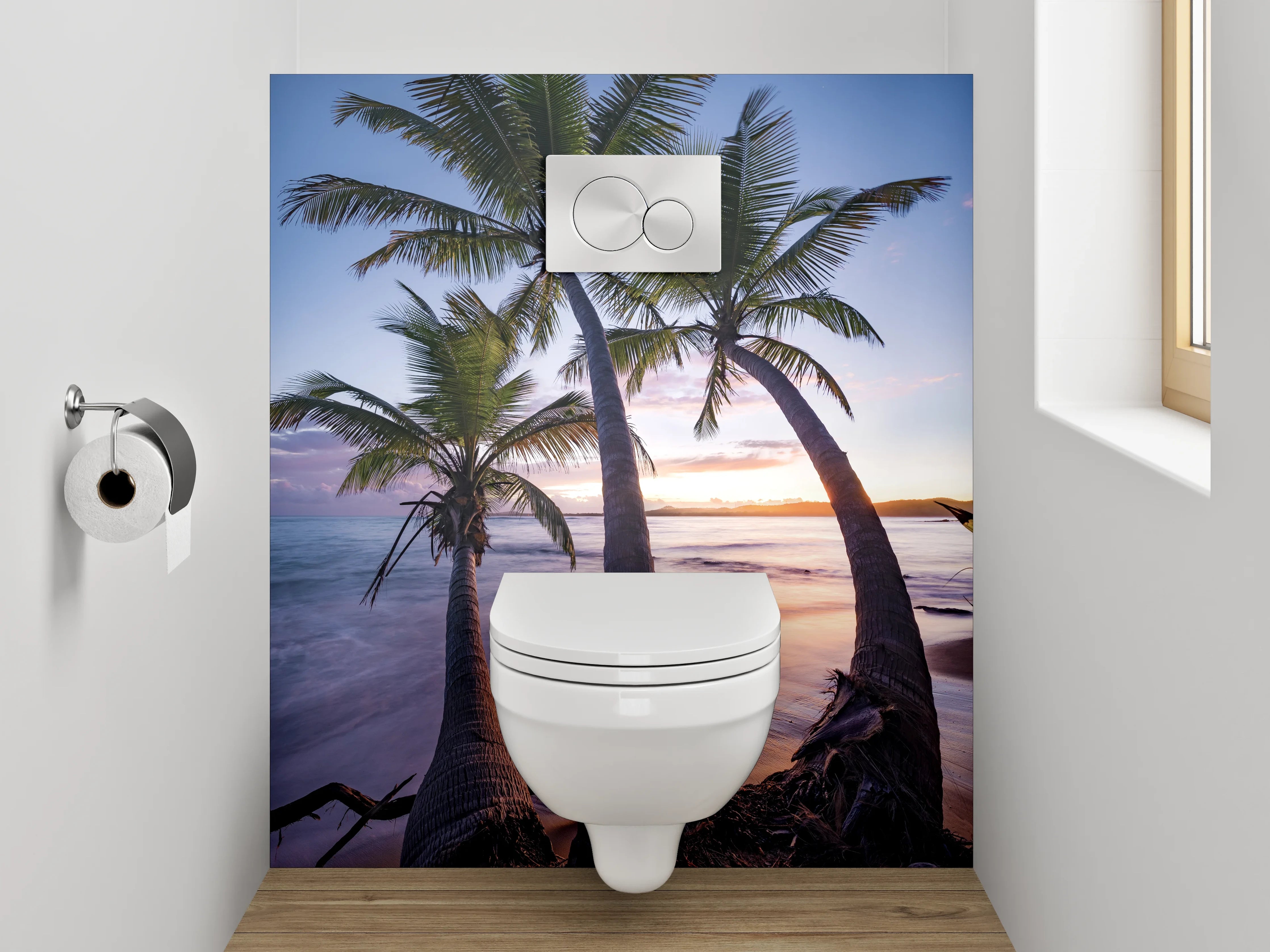 WC-Rückwand - Tropische Palmen am Sonnenuntergangs-Strand