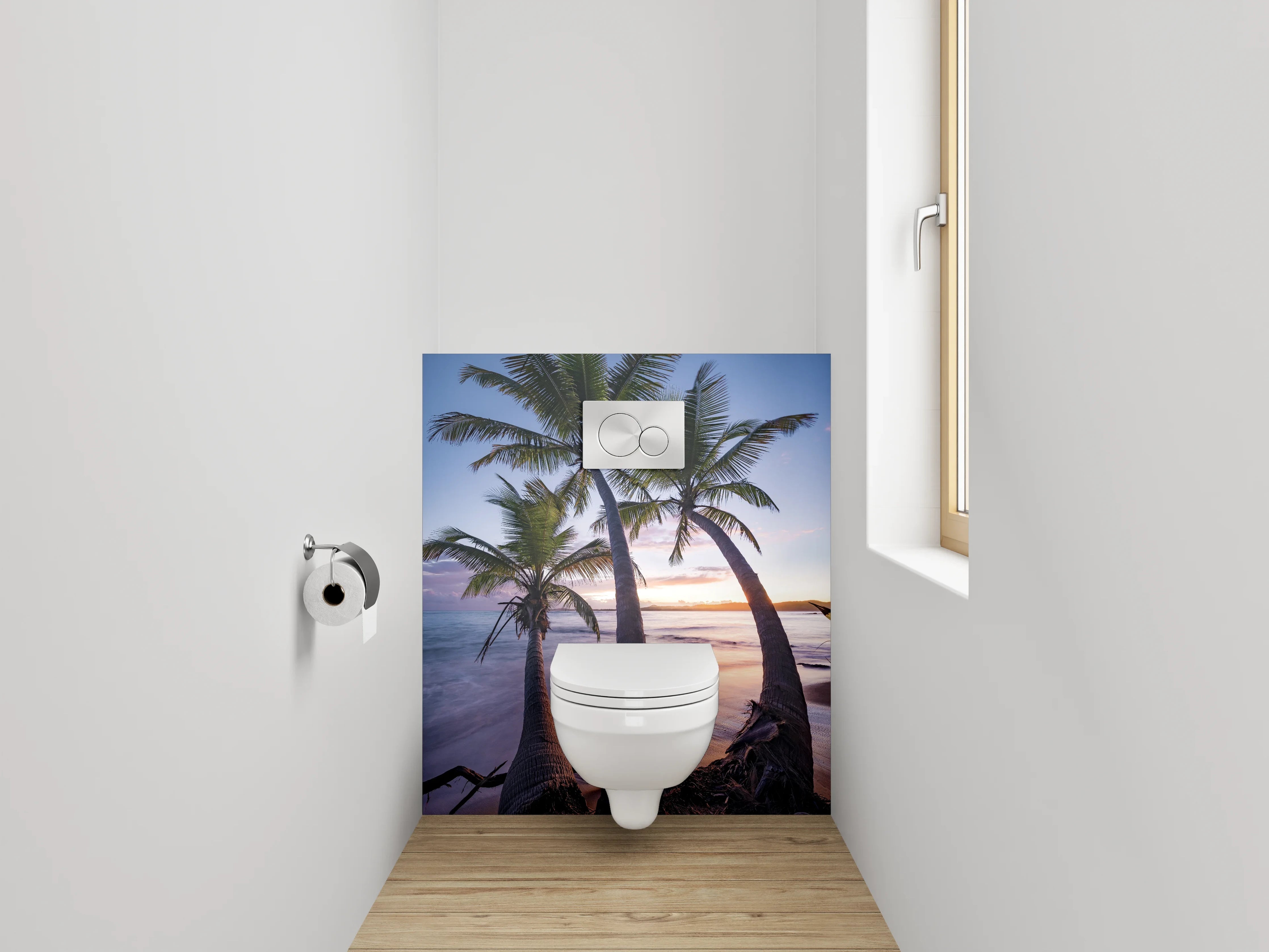 WC-Rückwand - Tropische Palmen am Sonnenuntergangs-Strand