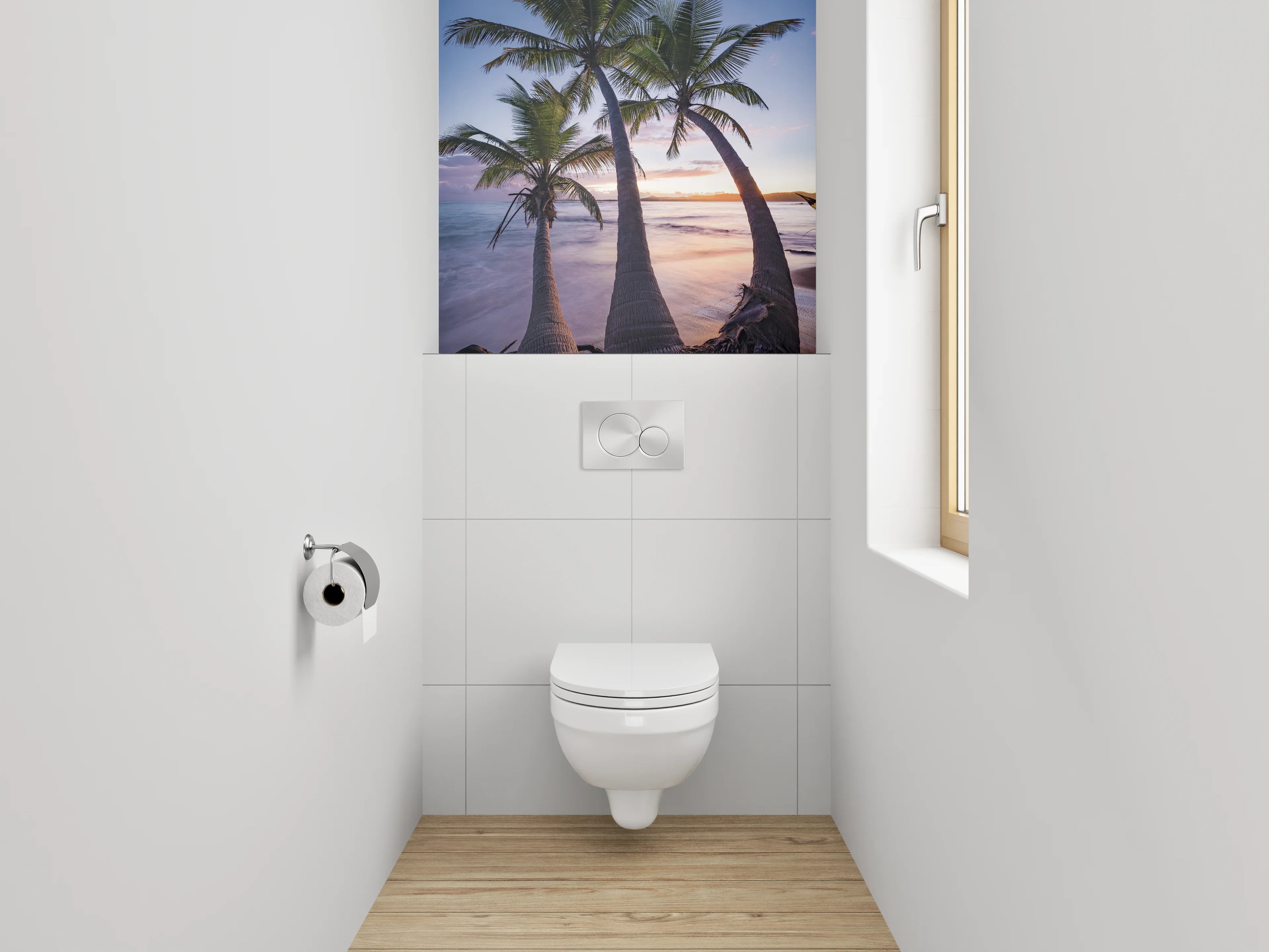 WC-Rückwand - Tropische Palmen am Sonnenuntergangs-Strand