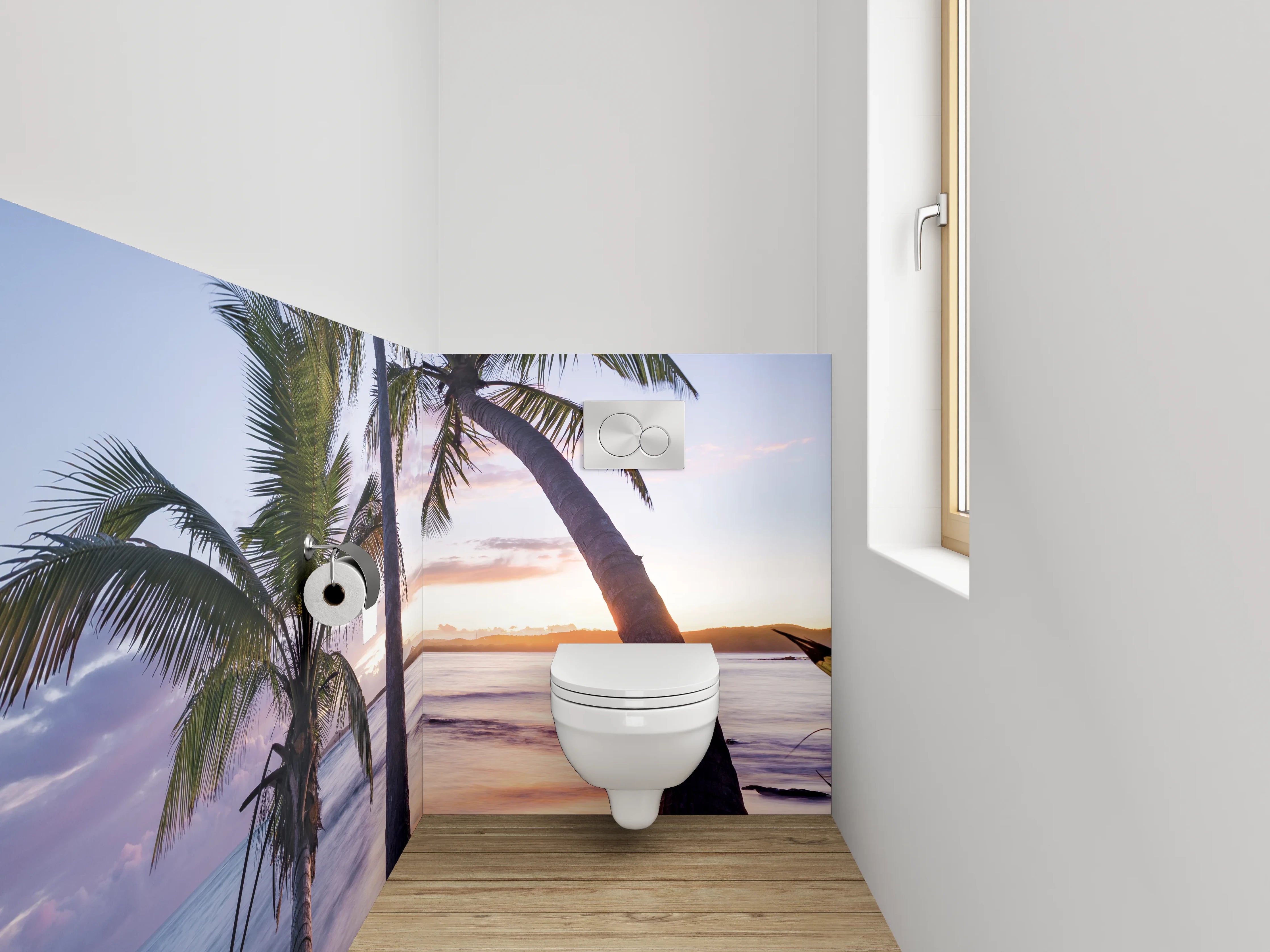 WC-Rückwand - Tropische Palmen am Sonnenuntergangs-Strand