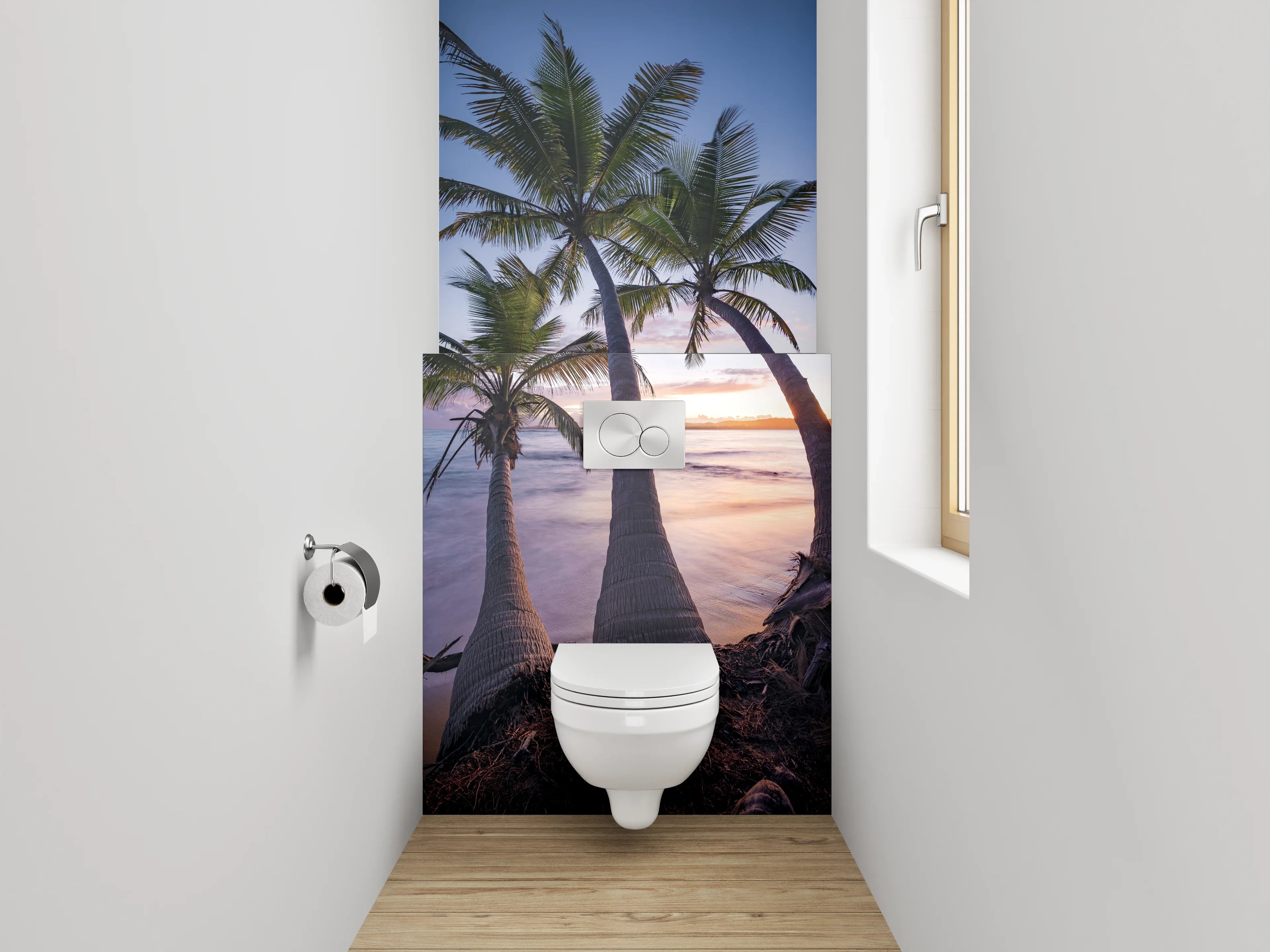 WC-Rückwand - Tropische Palmen am Sonnenuntergangs-Strand