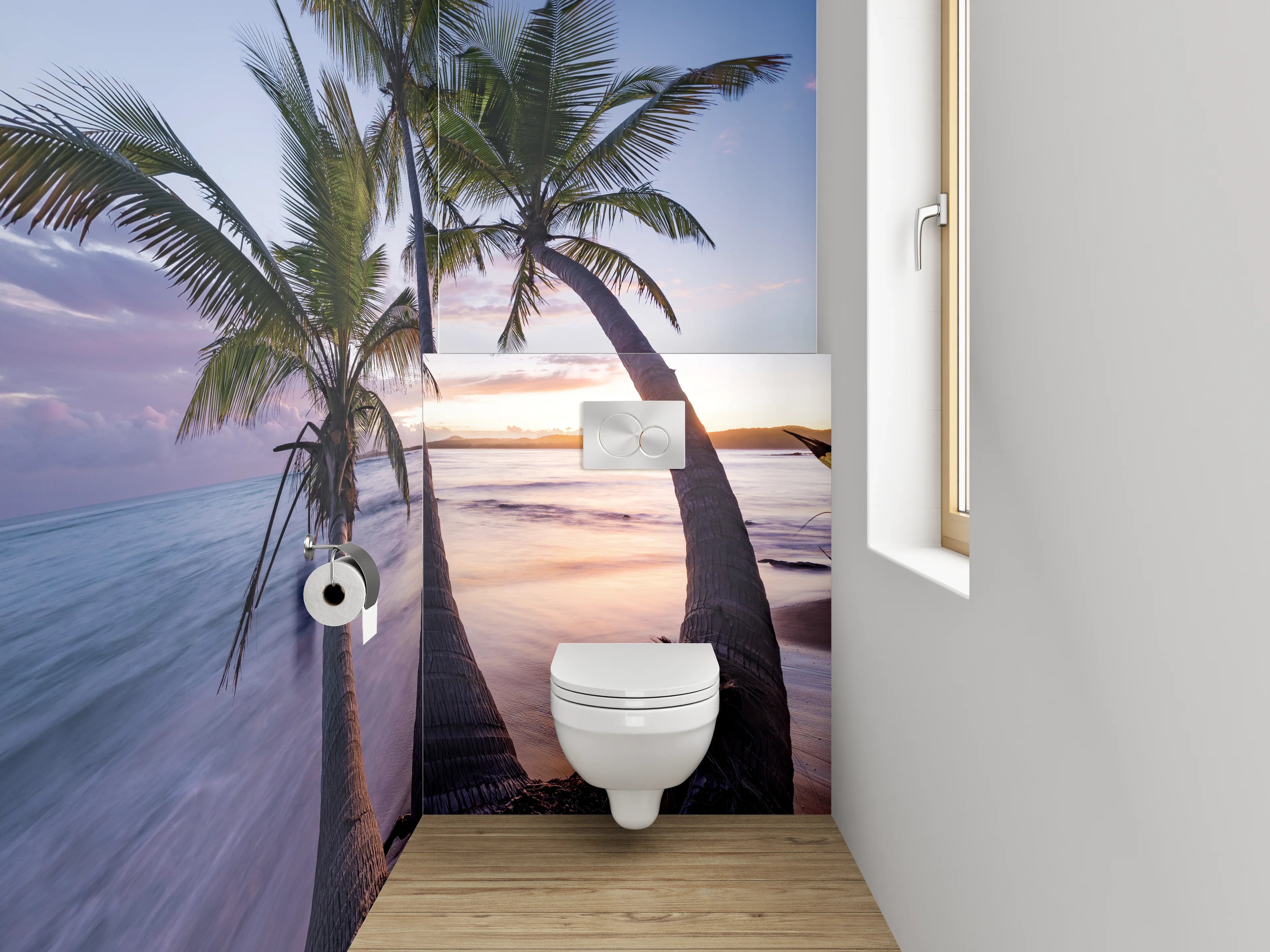 WC-Rückwand - Tropische Palmen am Sonnenuntergangs-Strand