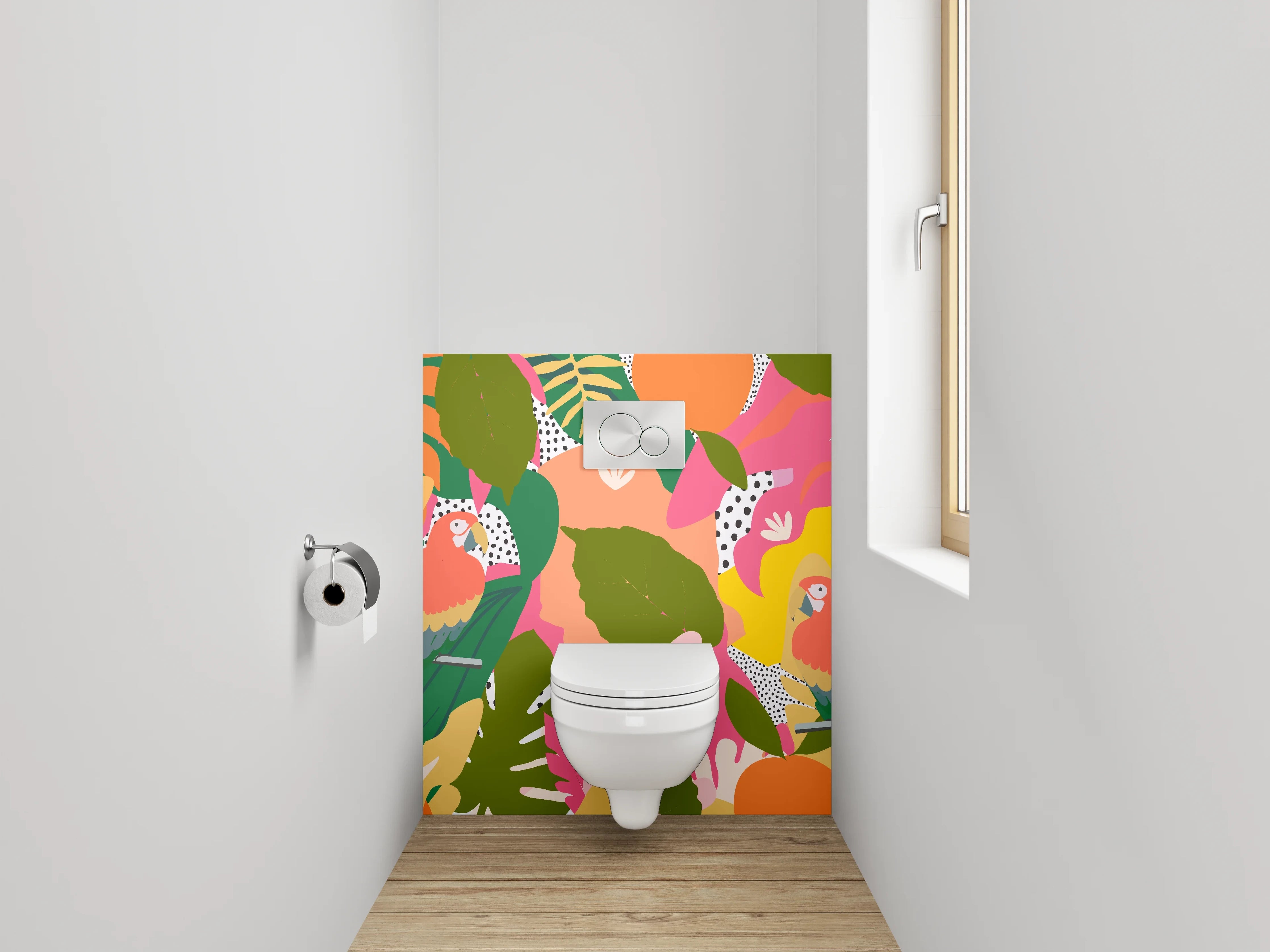 WC-Rückwand - Tropische Papageien-Illustration Dschungelwildnis