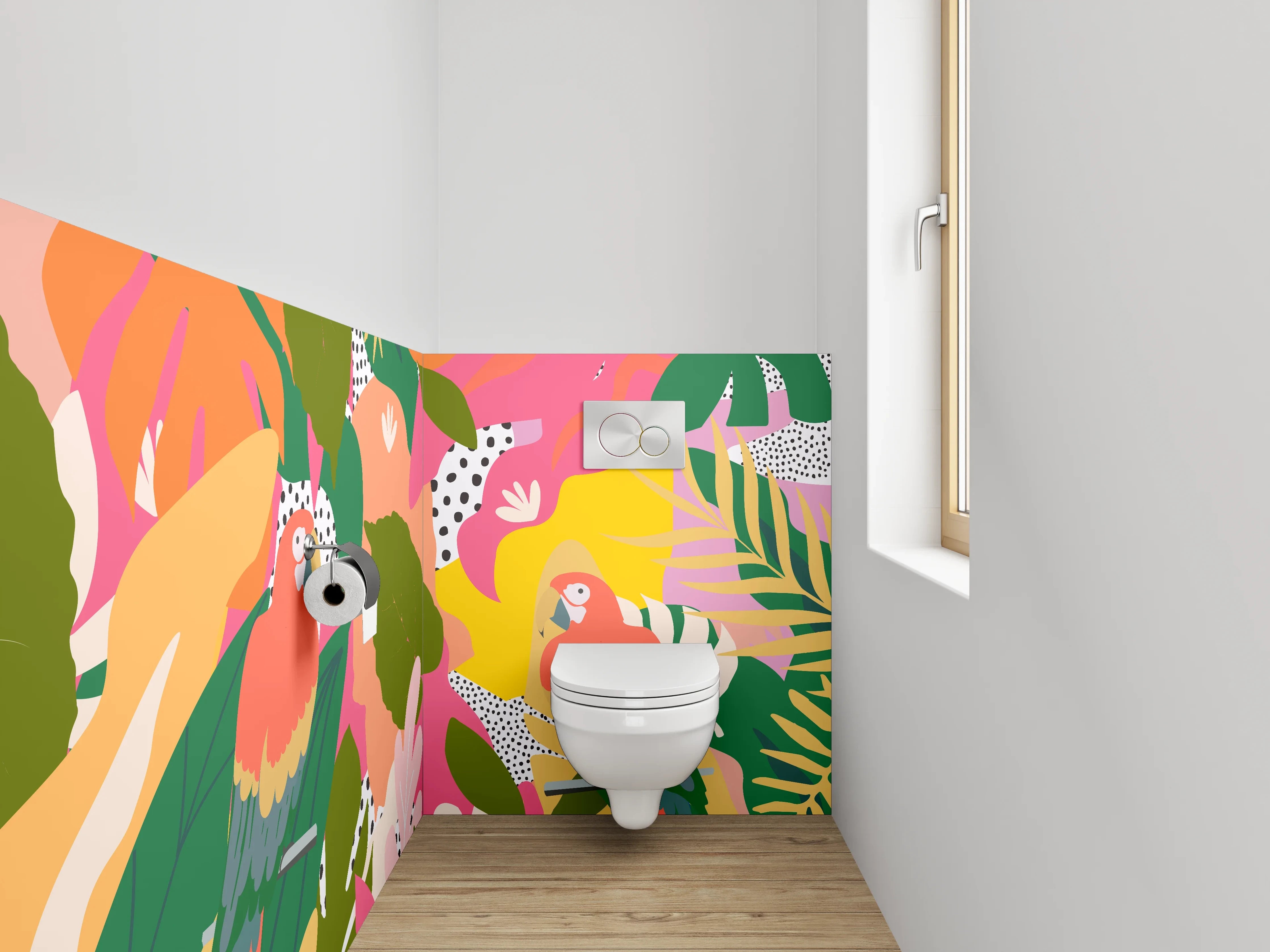 WC-Rückwand - Tropische Papageien-Illustration Dschungelwildnis