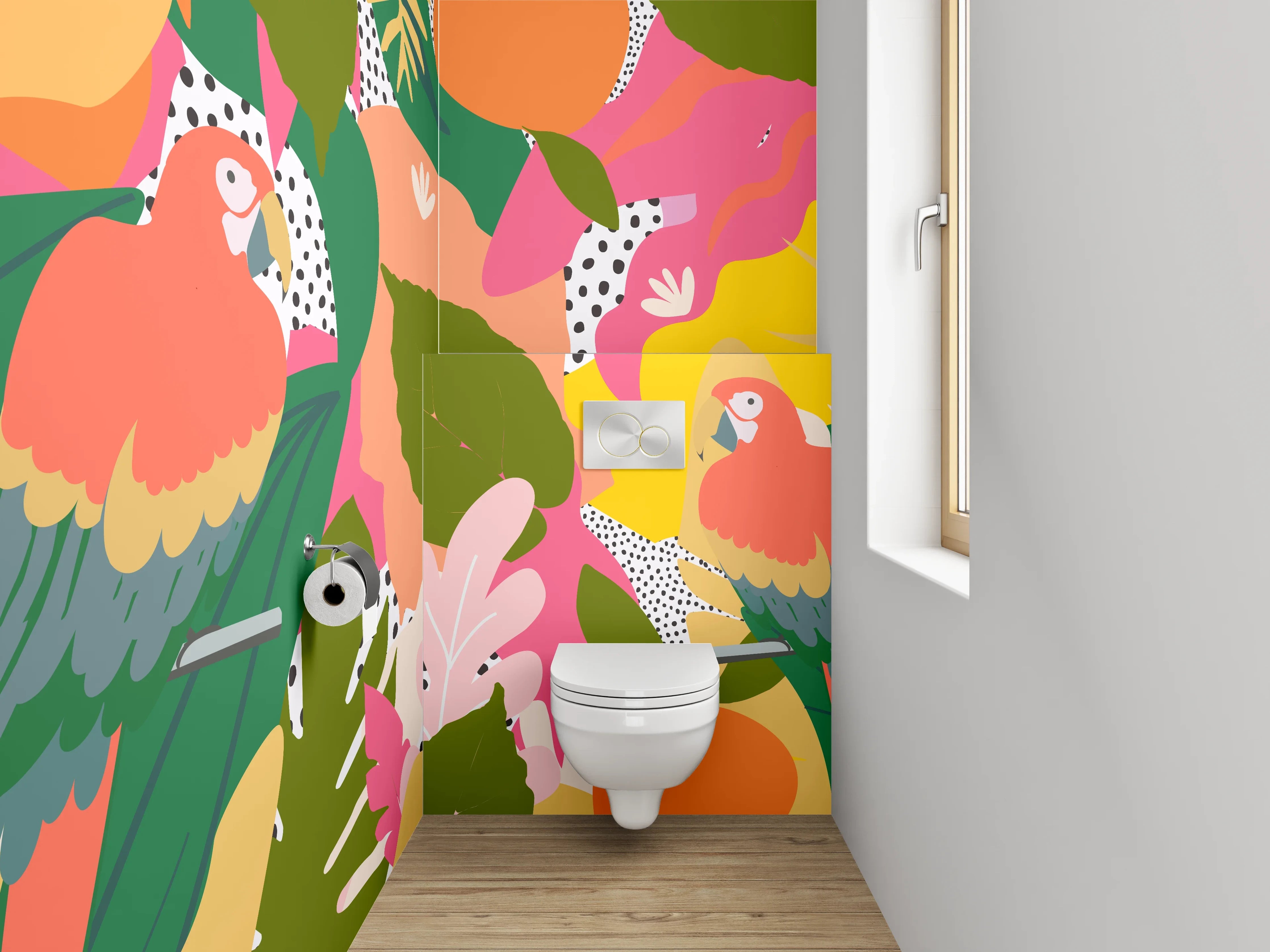 WC-Rückwand - Tropische Papageien-Illustration Dschungelwildnis