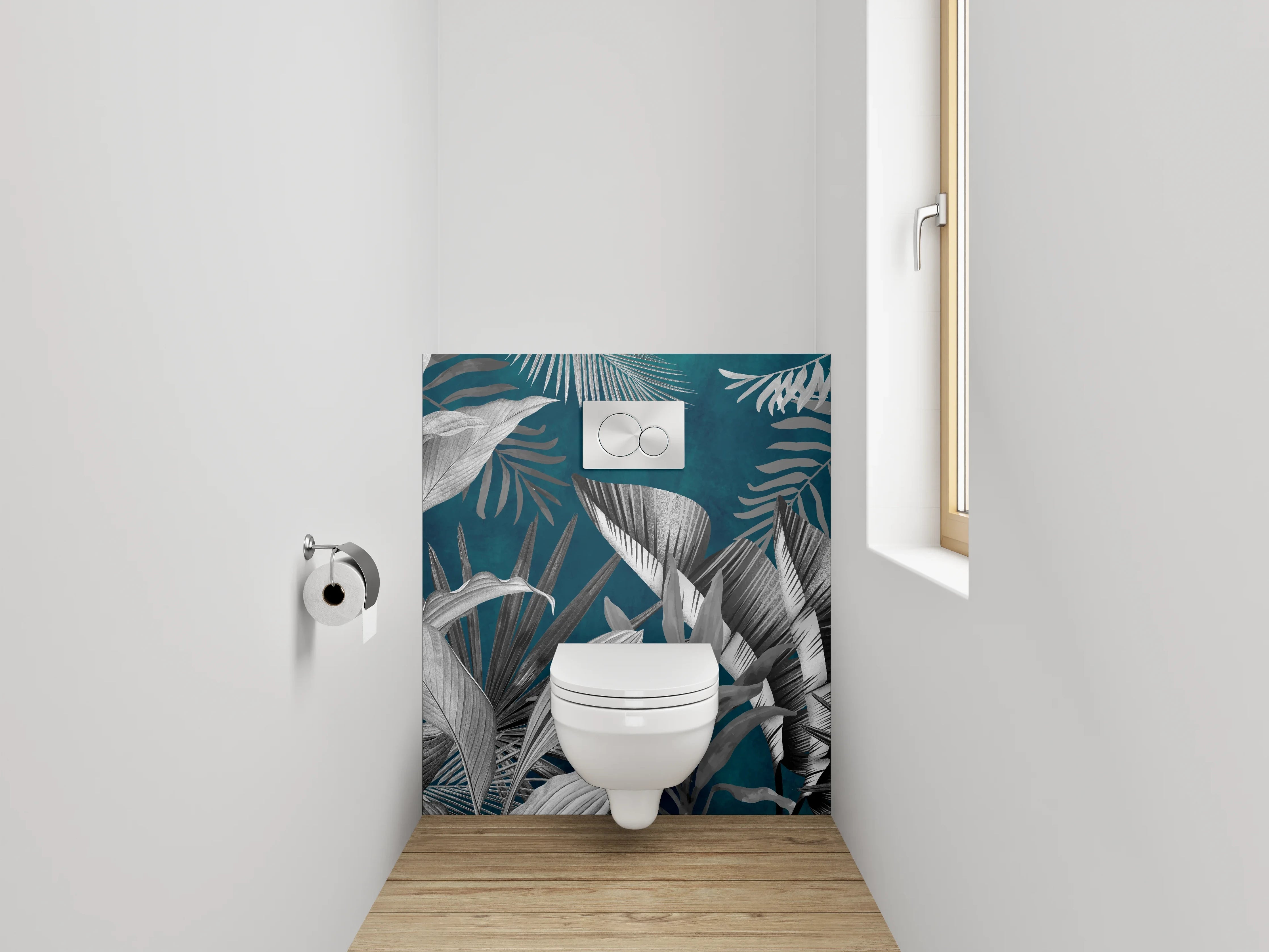 WC-Rückwand - Tropische Pflanzen Schwarz-Weiß auf Blau