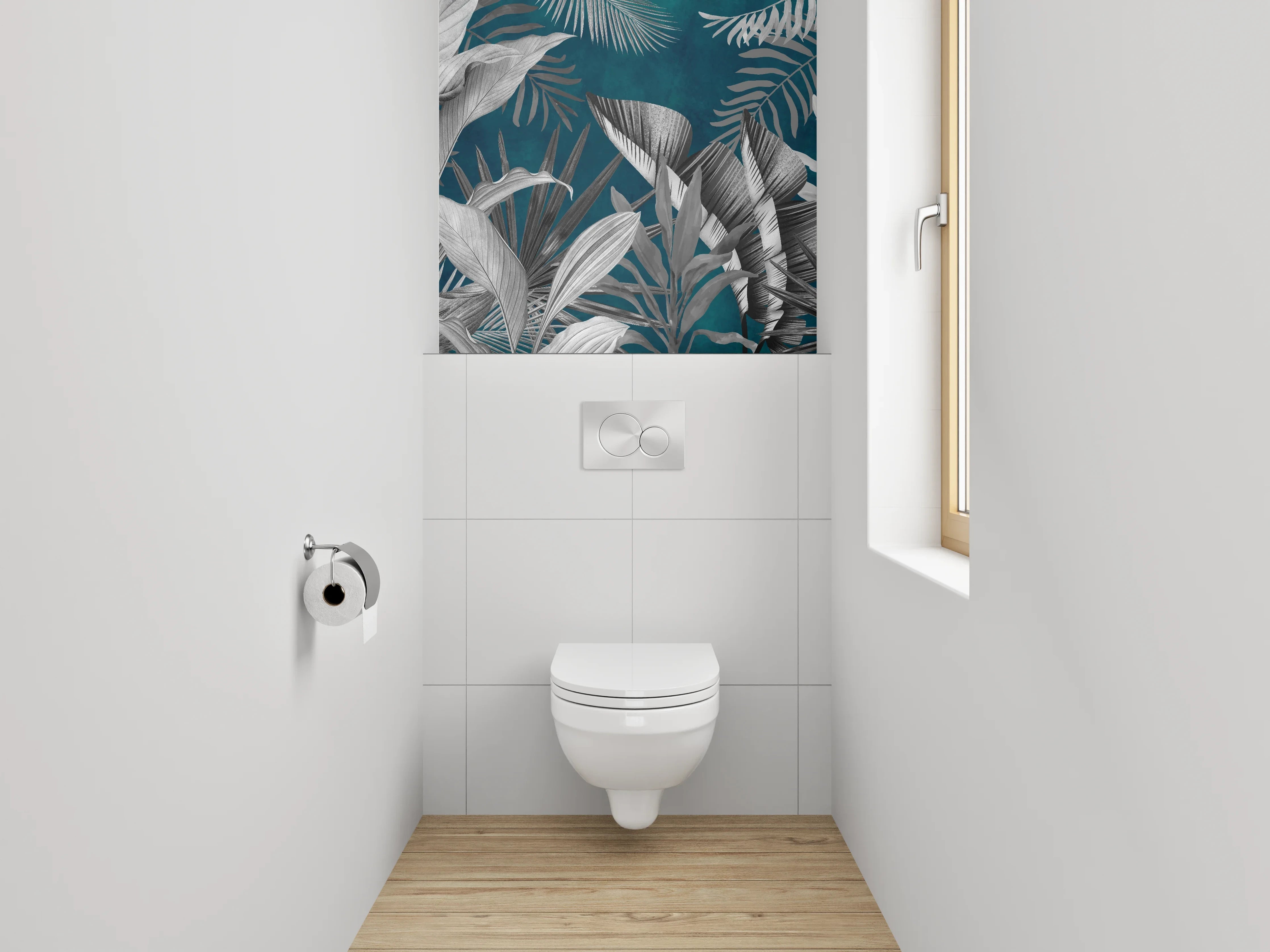 WC-Rückwand - Tropische Pflanzen Schwarz-Weiß auf Blau
