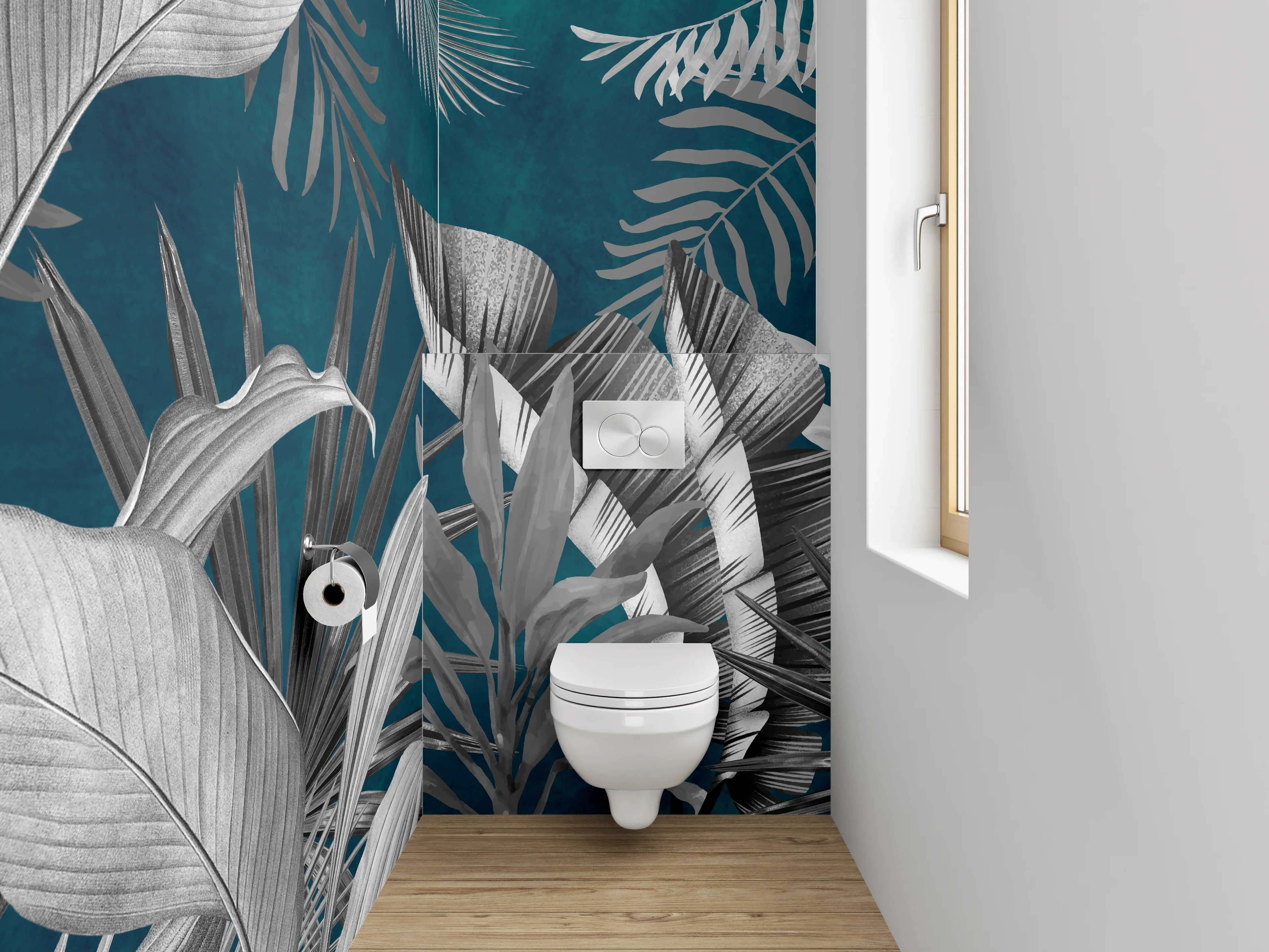 WC-Rückwand - Tropische Pflanzen Schwarz-Weiß auf Blau