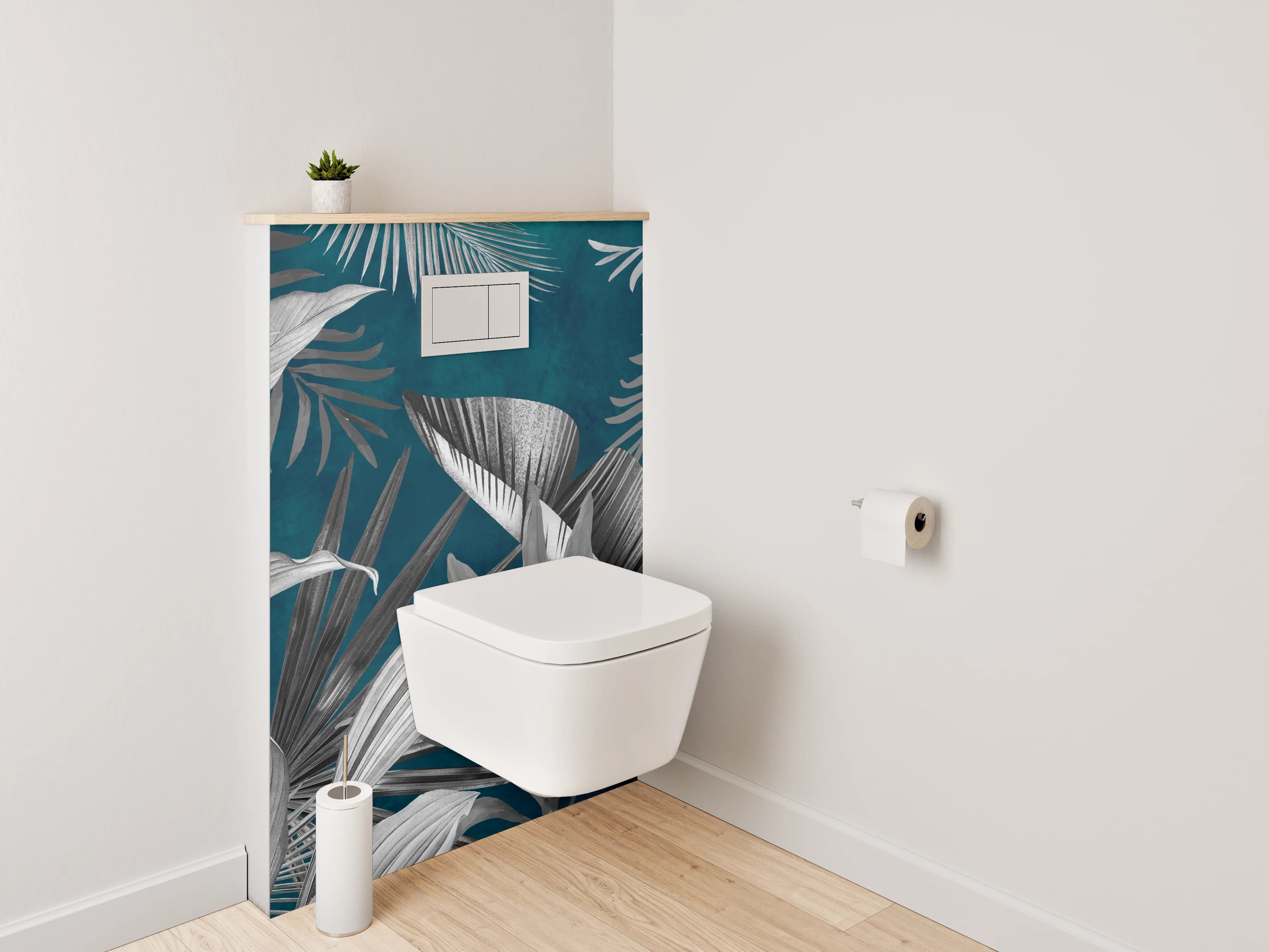 WC-Rückwand - Tropische Pflanzen Schwarz-Weiß auf Blau