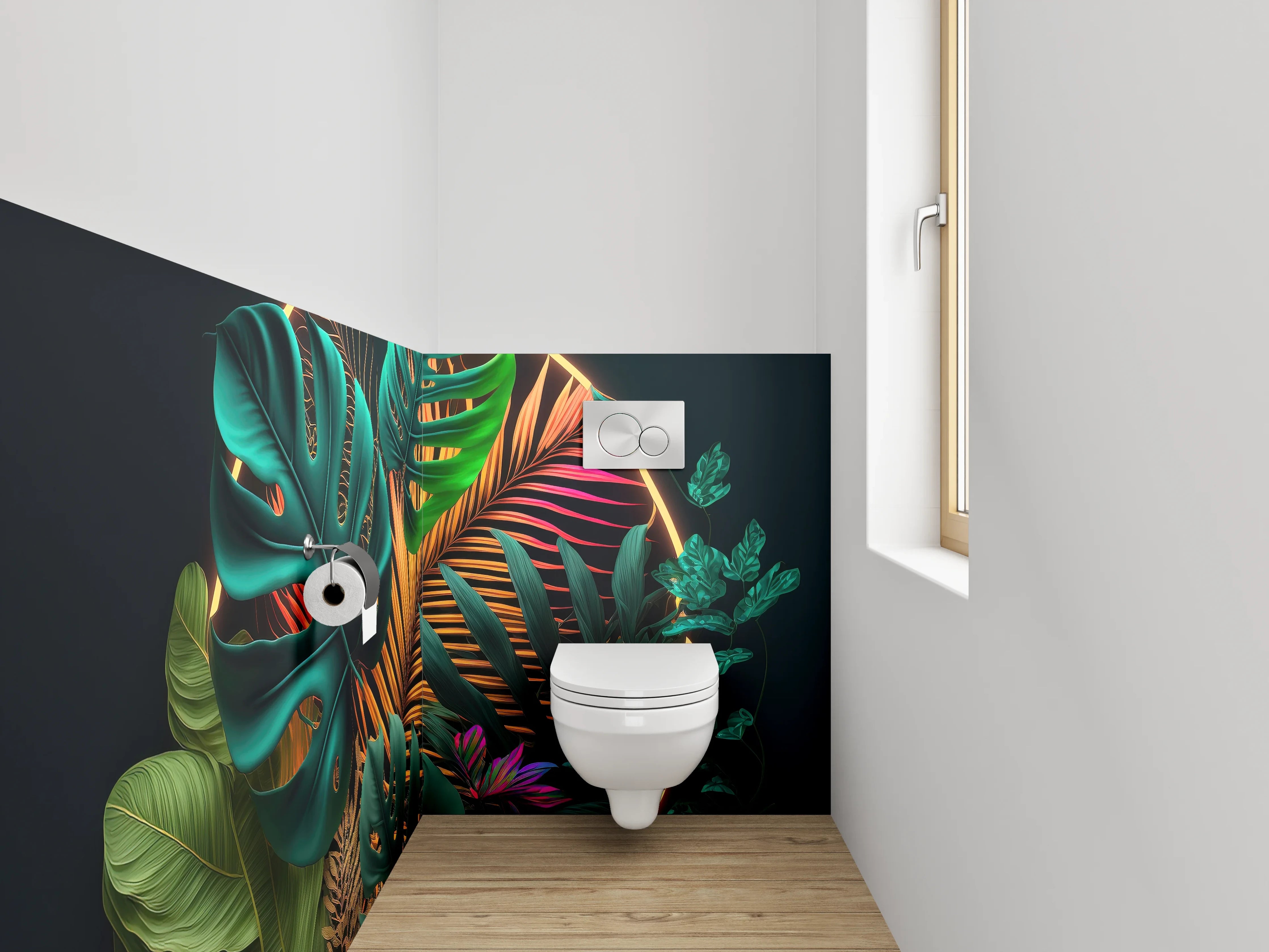WC-Rückwand - Tropische Pflanzen im Neon-Licht