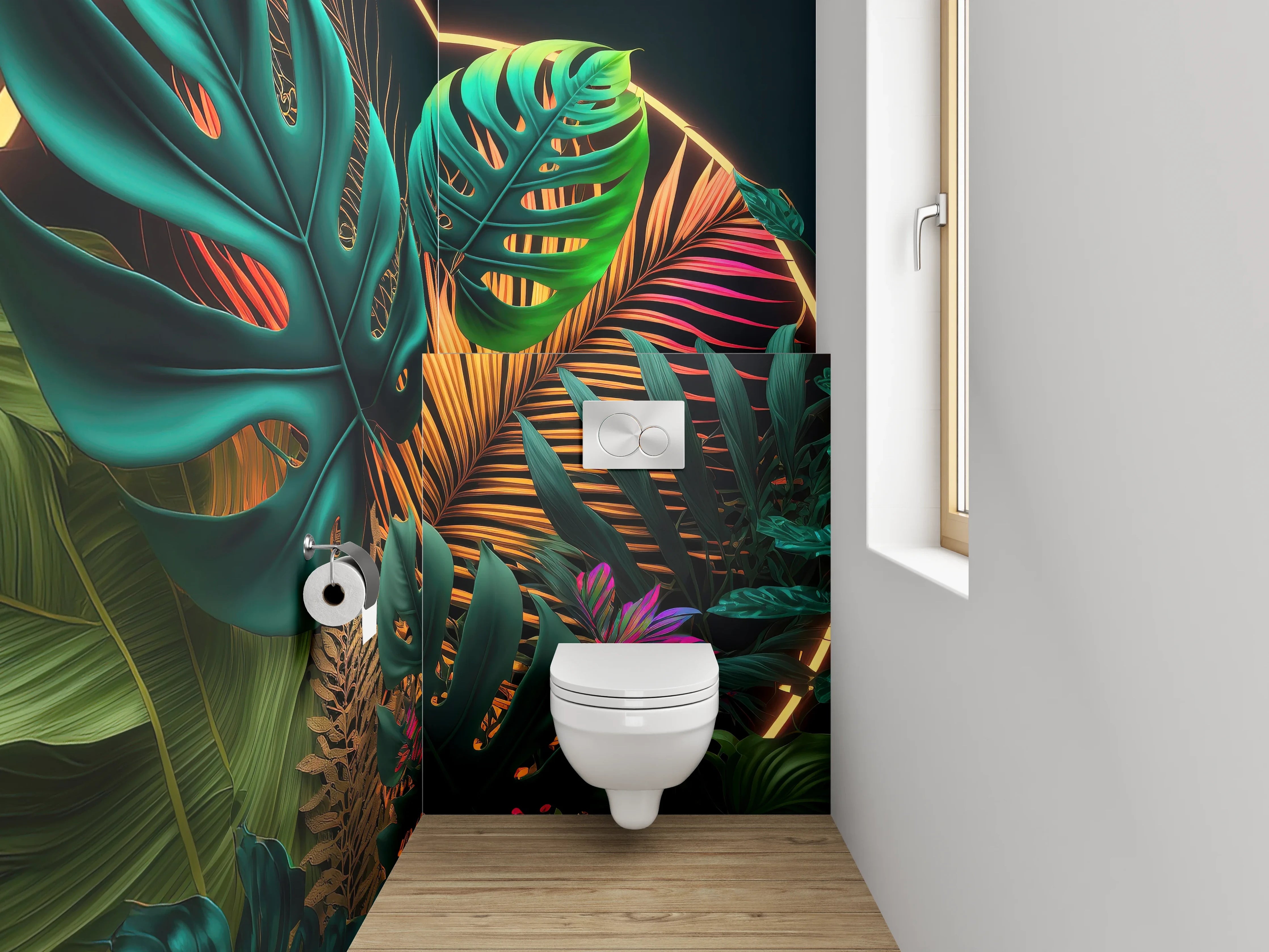 WC-Rückwand - Tropische Pflanzen im Neon-Licht