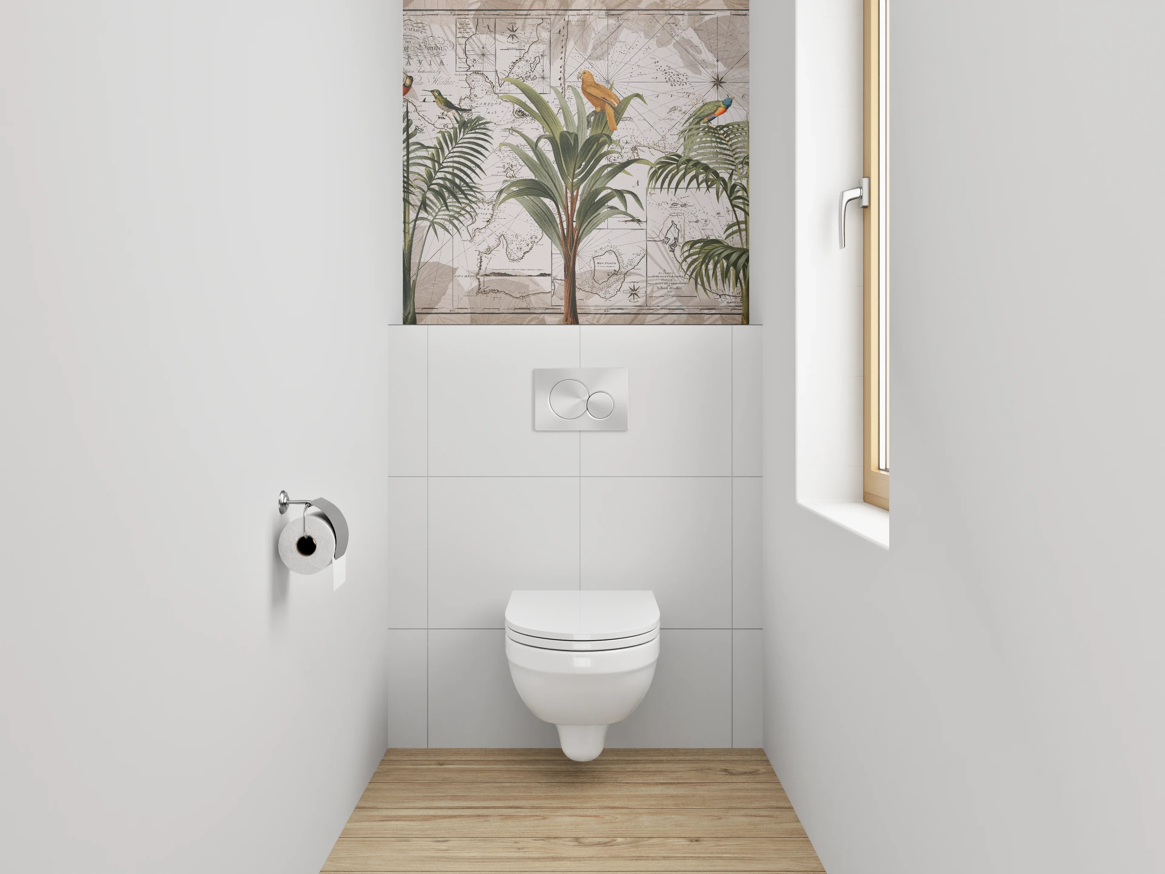 WC-Rückwand - Tropische Vögel auf Vintage-Weltkarte