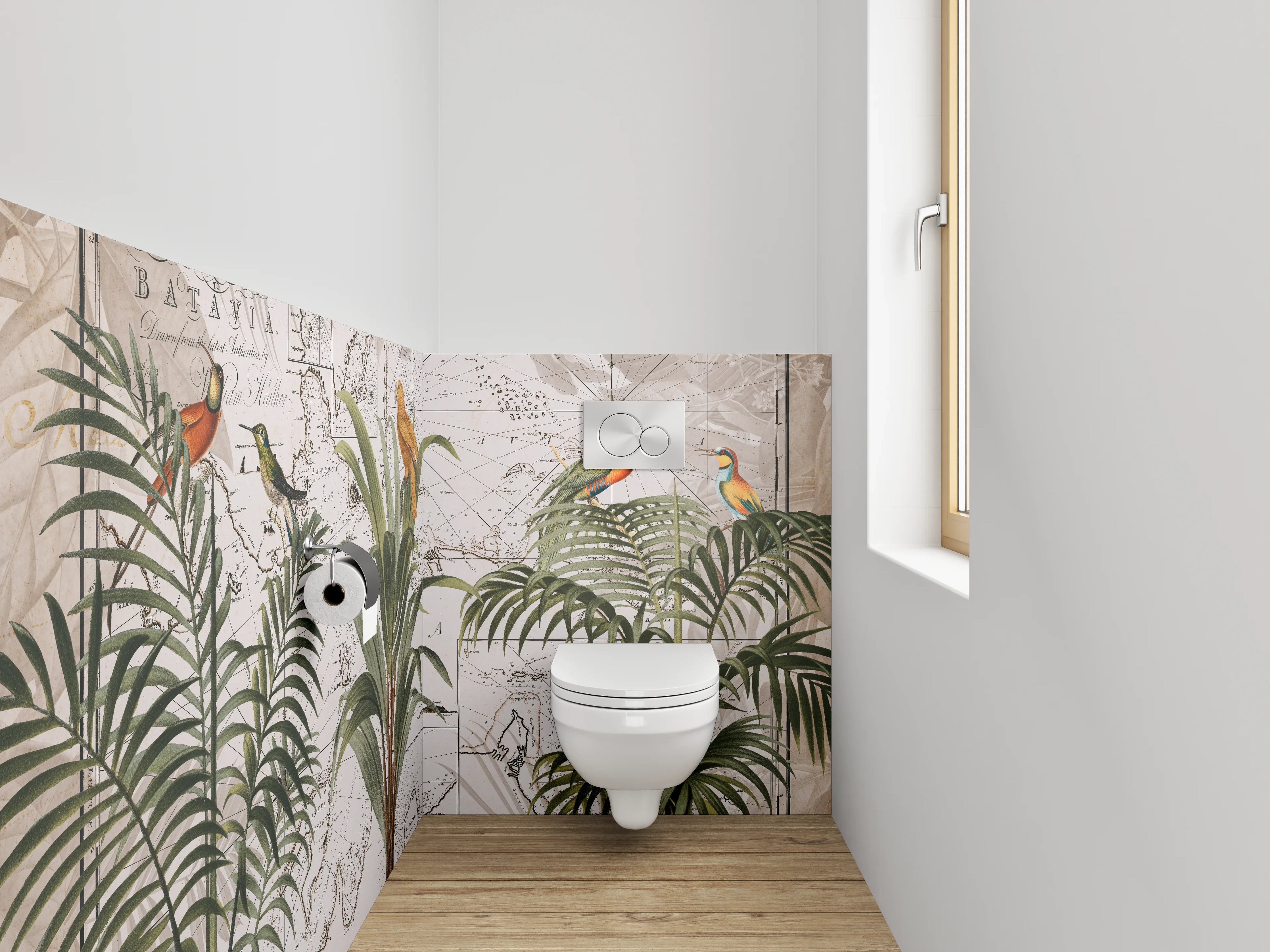 WC-Rückwand - Tropische Vögel auf Vintage-Weltkarte