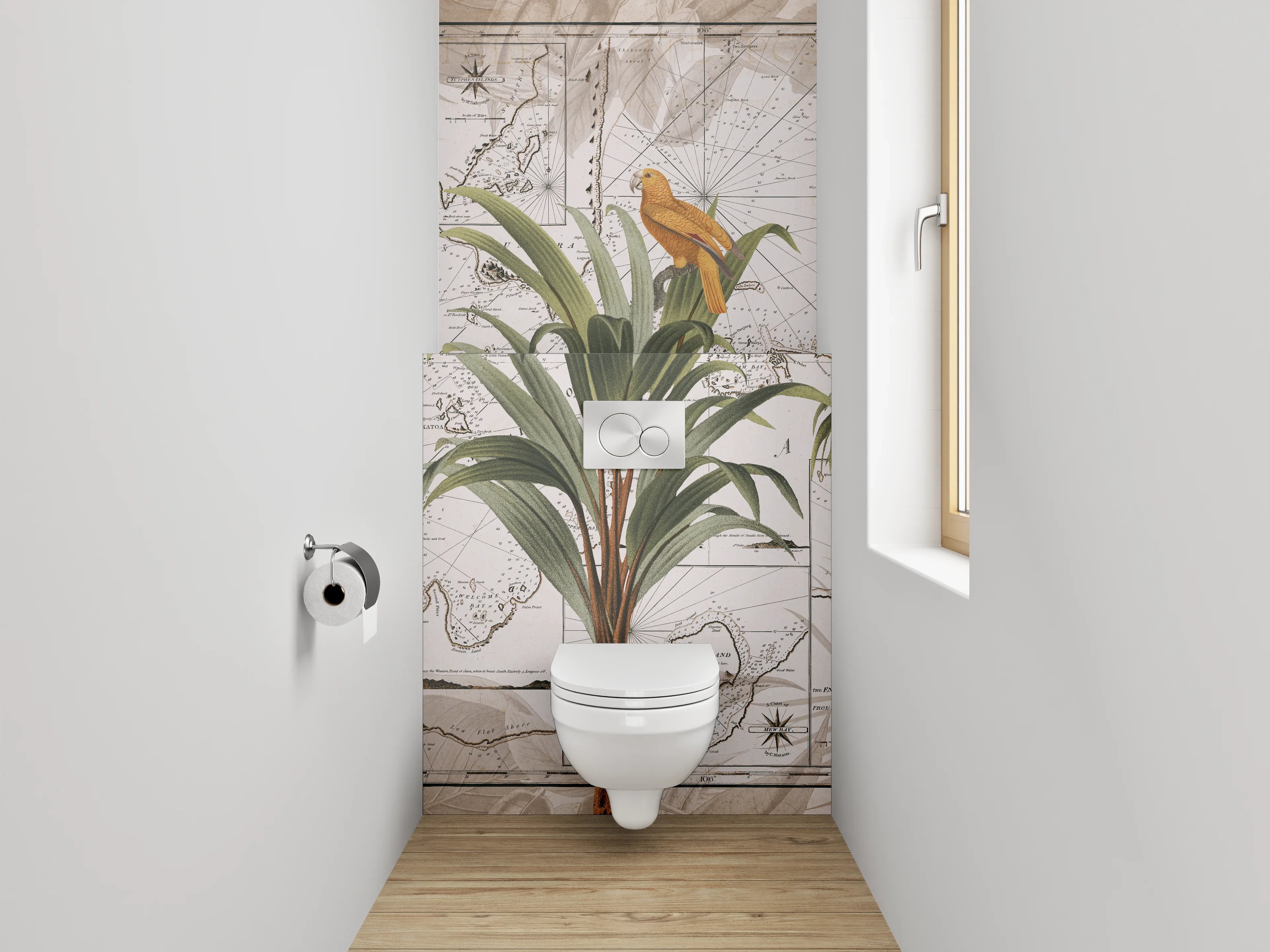 WC-Rückwand - Tropische Vögel auf Vintage-Weltkarte