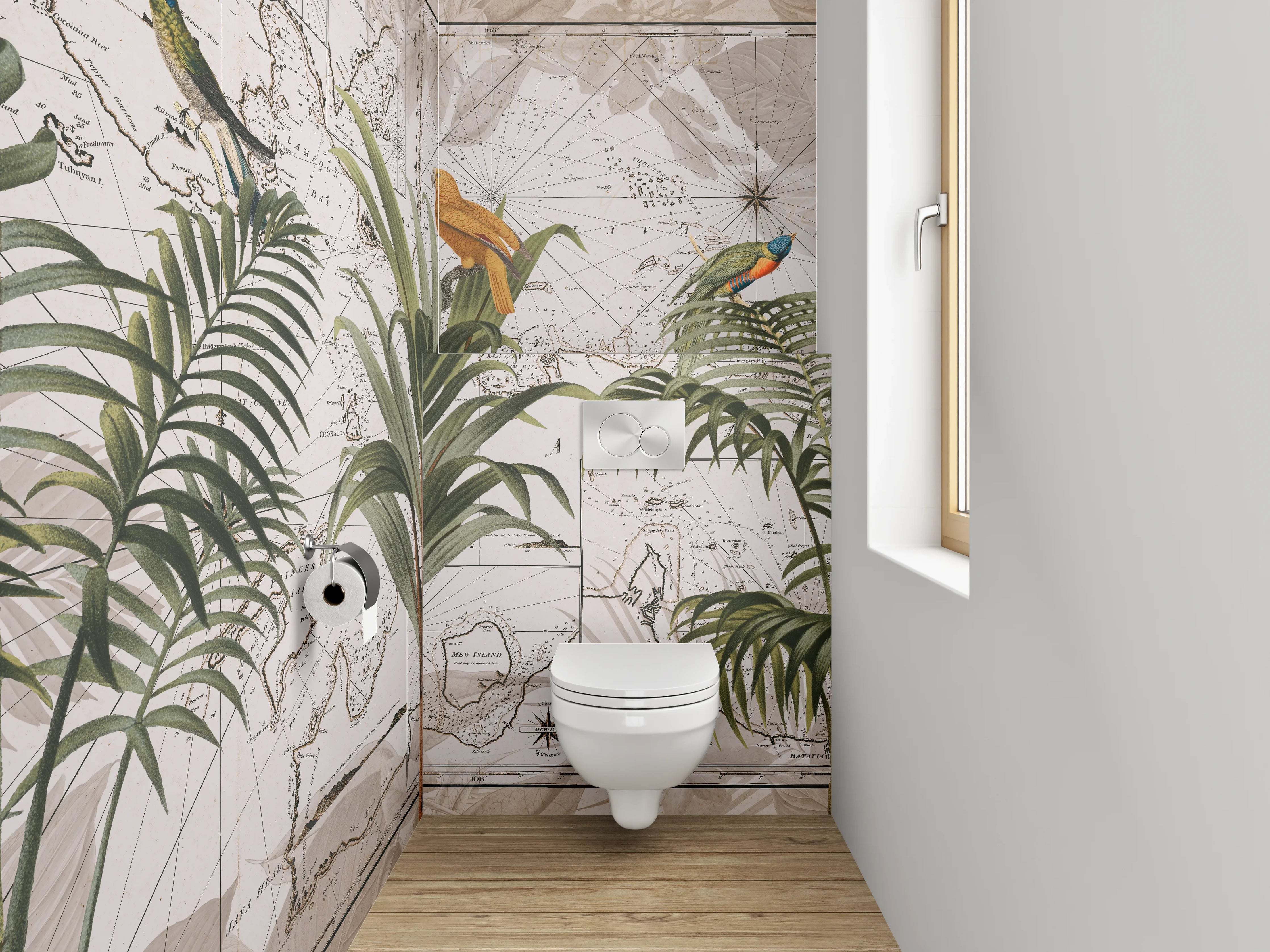 WC-Rückwand - Tropische Vögel auf Vintage-Weltkarte