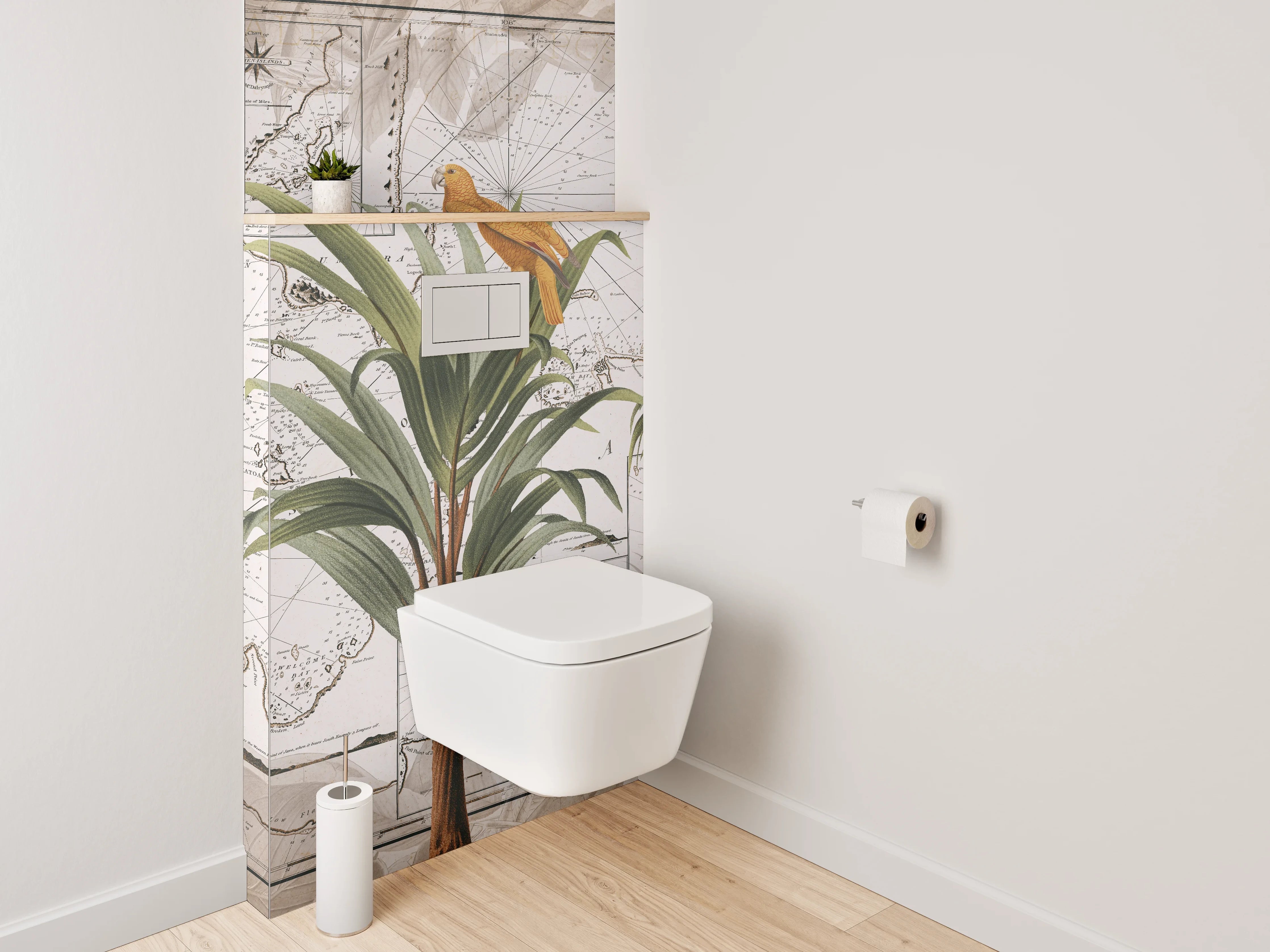 WC-Rückwand - Tropische Vögel auf Vintage-Weltkarte