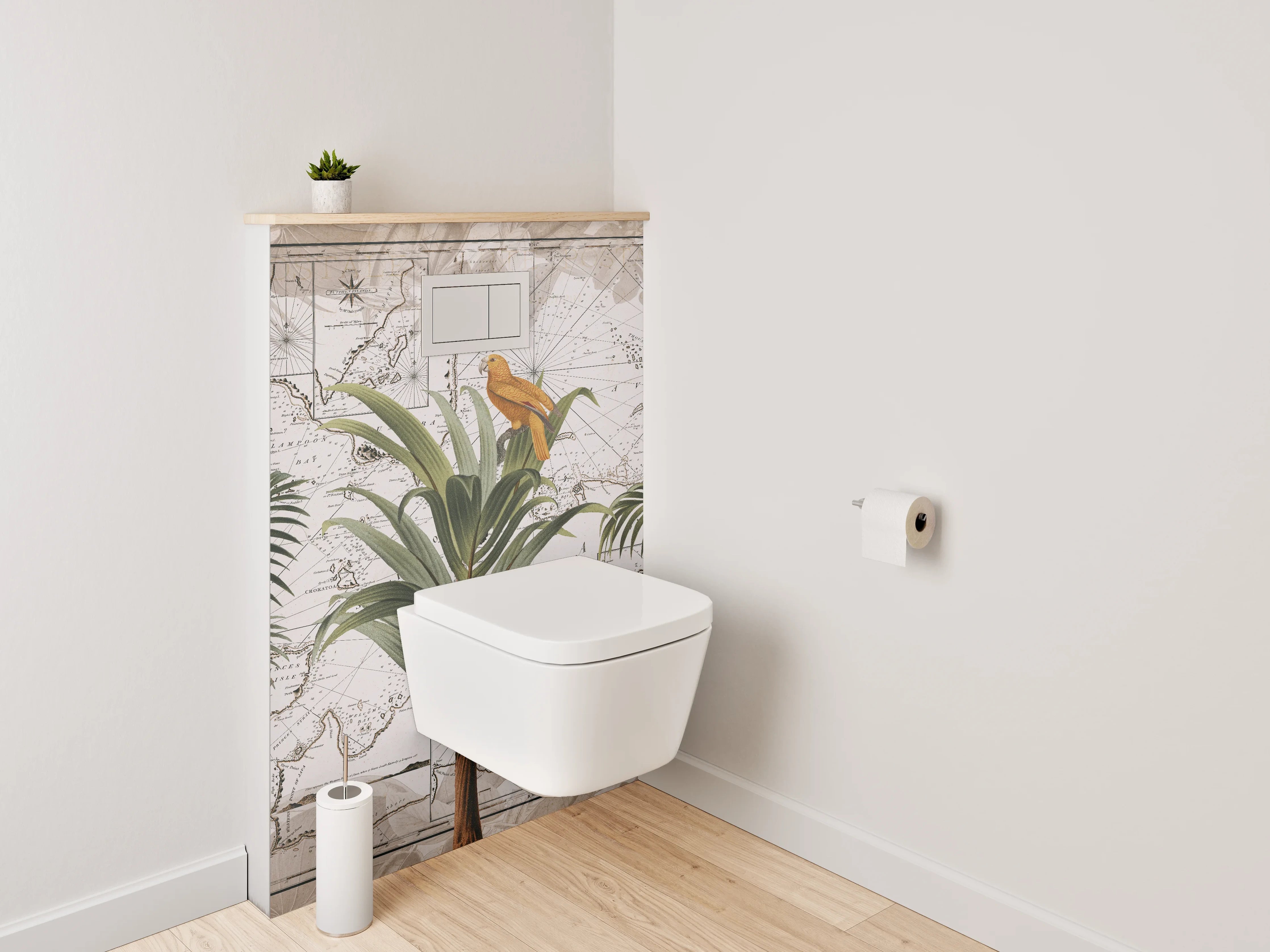 WC-Rückwand - Tropische Vögel auf Vintage-Weltkarte