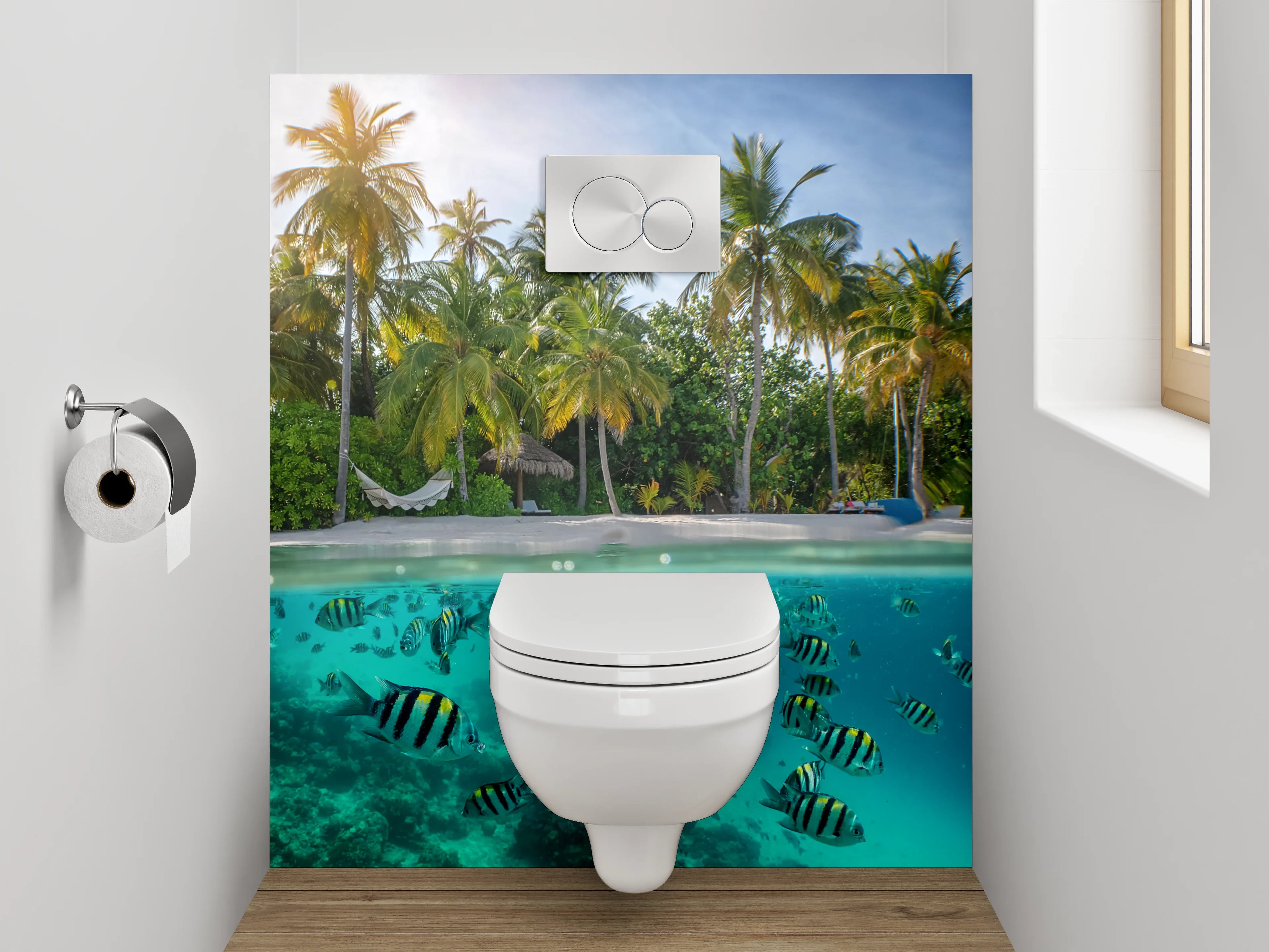 WC-Rückwand - Tropischer Strand mit Fischen