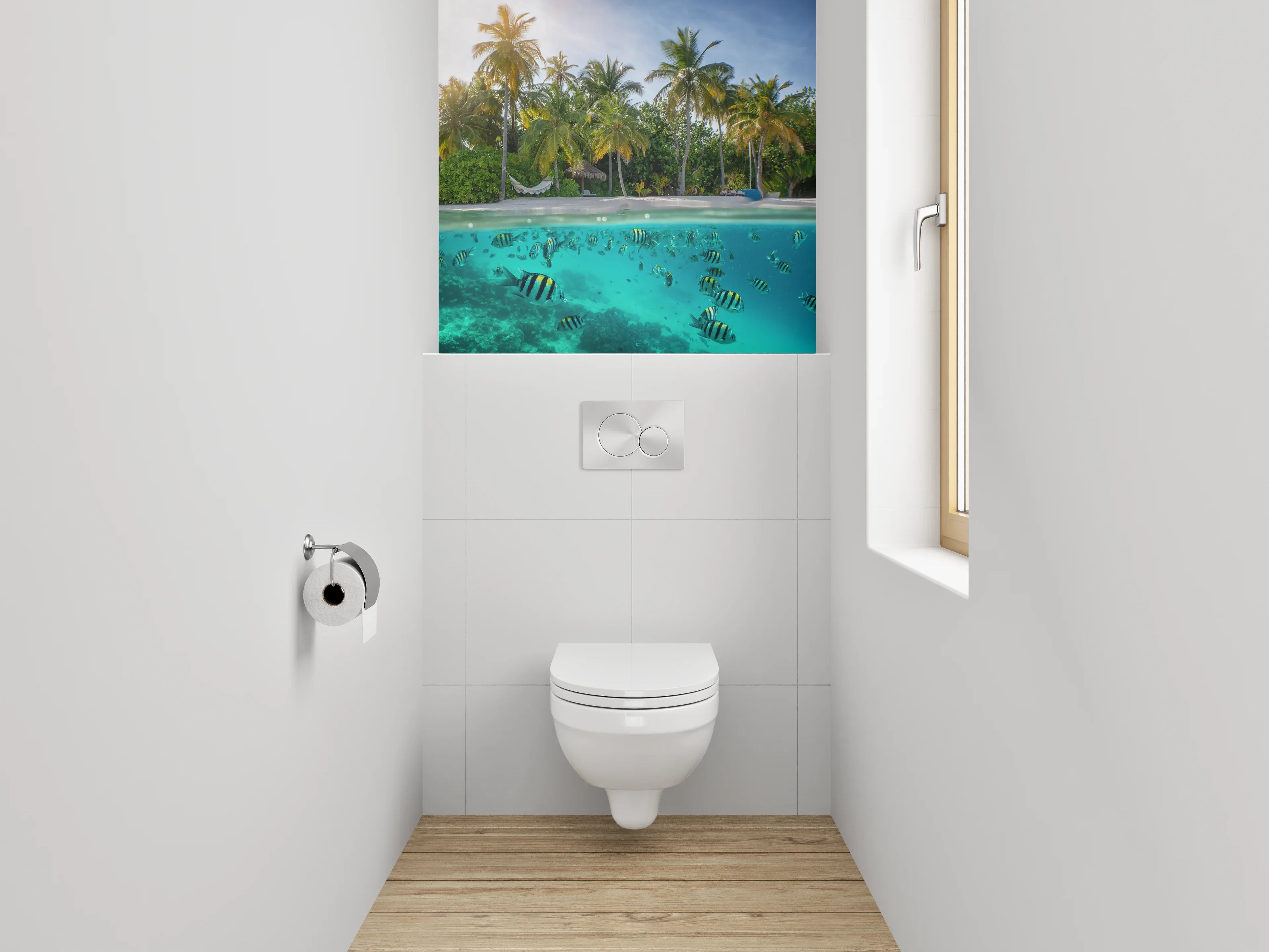 WC-Rückwand - Tropischer Strand mit Fischen