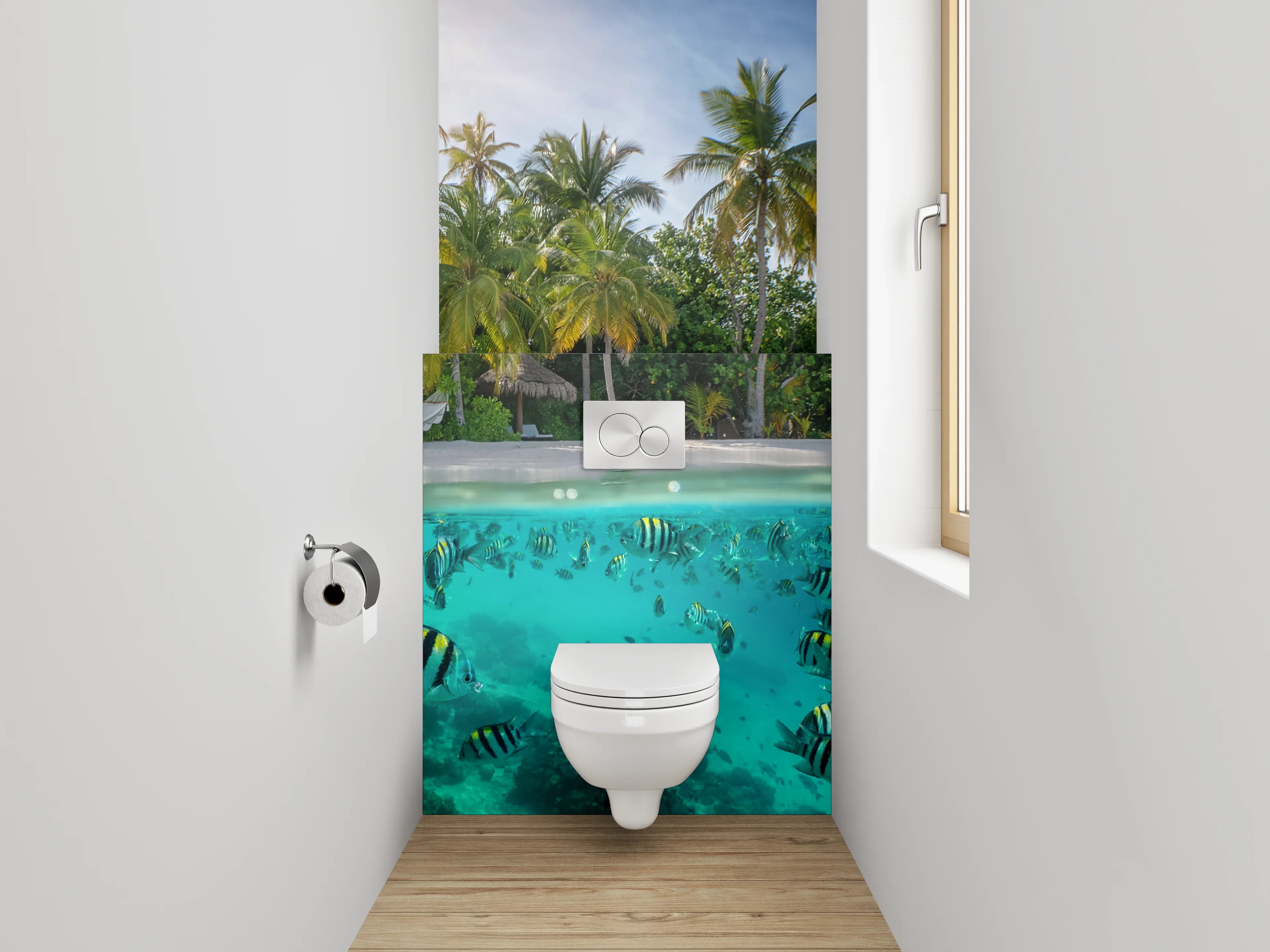 WC-Rückwand - Tropischer Strand mit Fischen