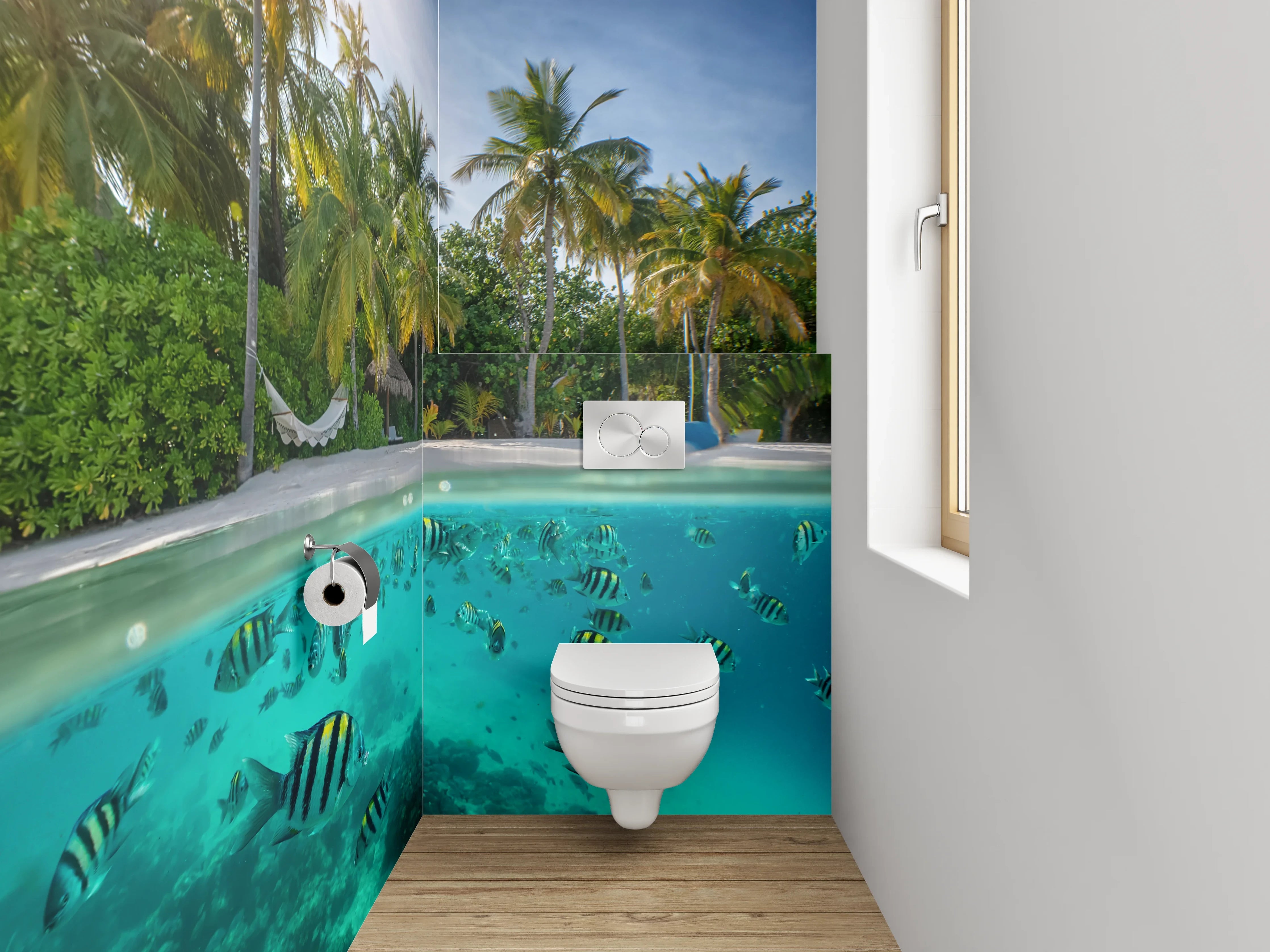 WC-Rückwand - Tropischer Strand mit Fischen