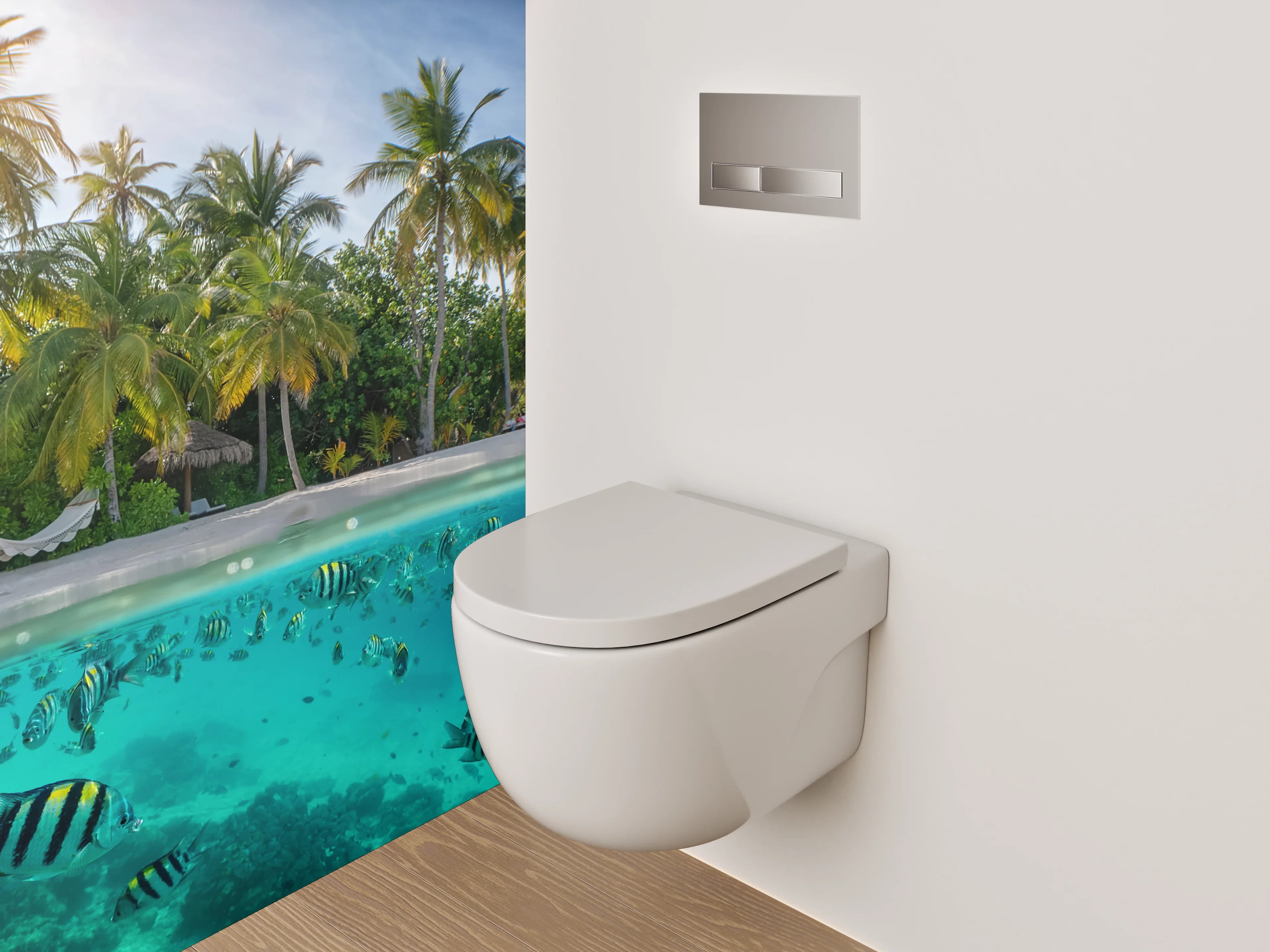 WC-Rückwand - Tropischer Strand mit Fischen