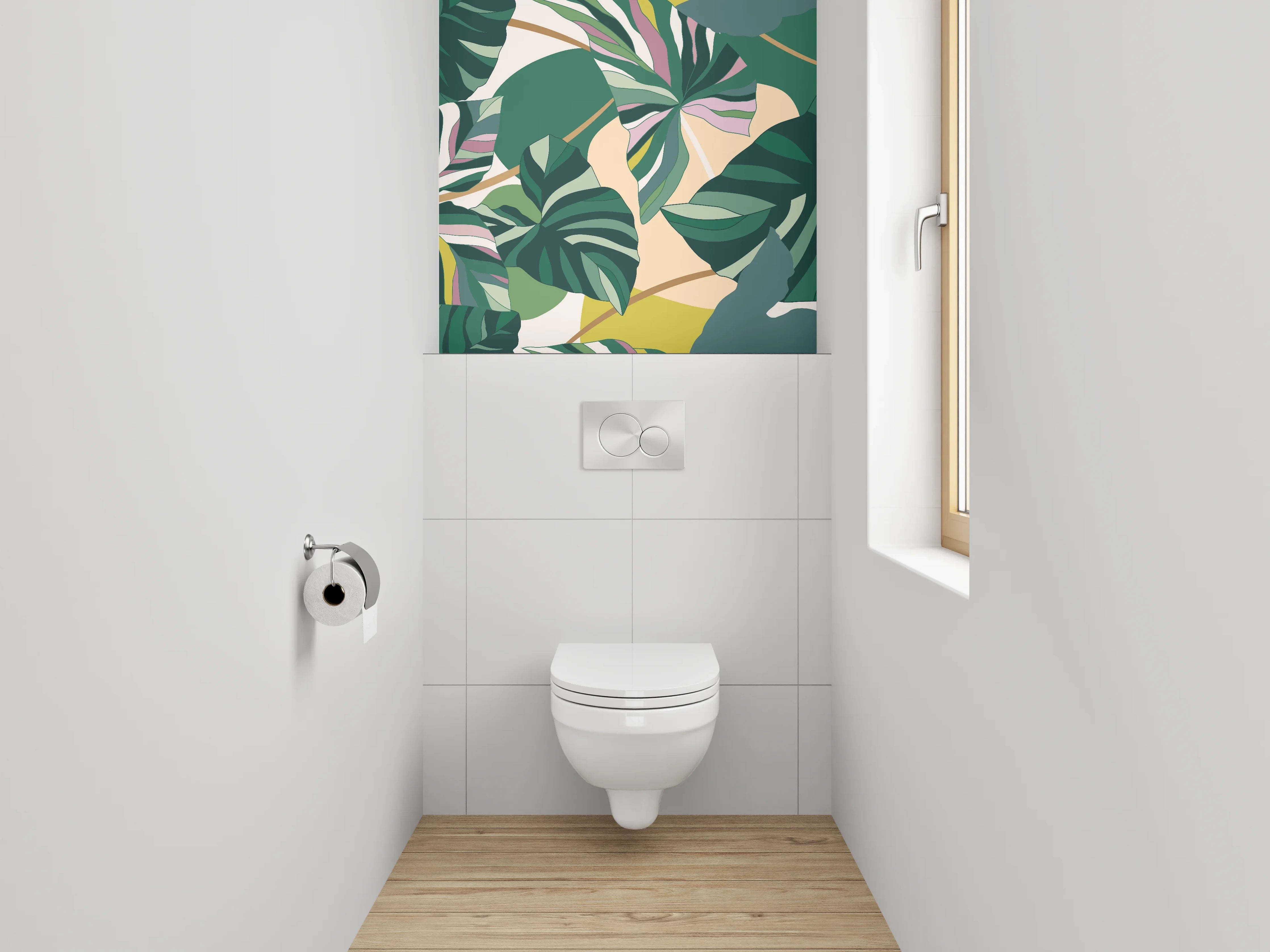 WC-Rückwand - Tropisches Blätter-Design Grün Rosa