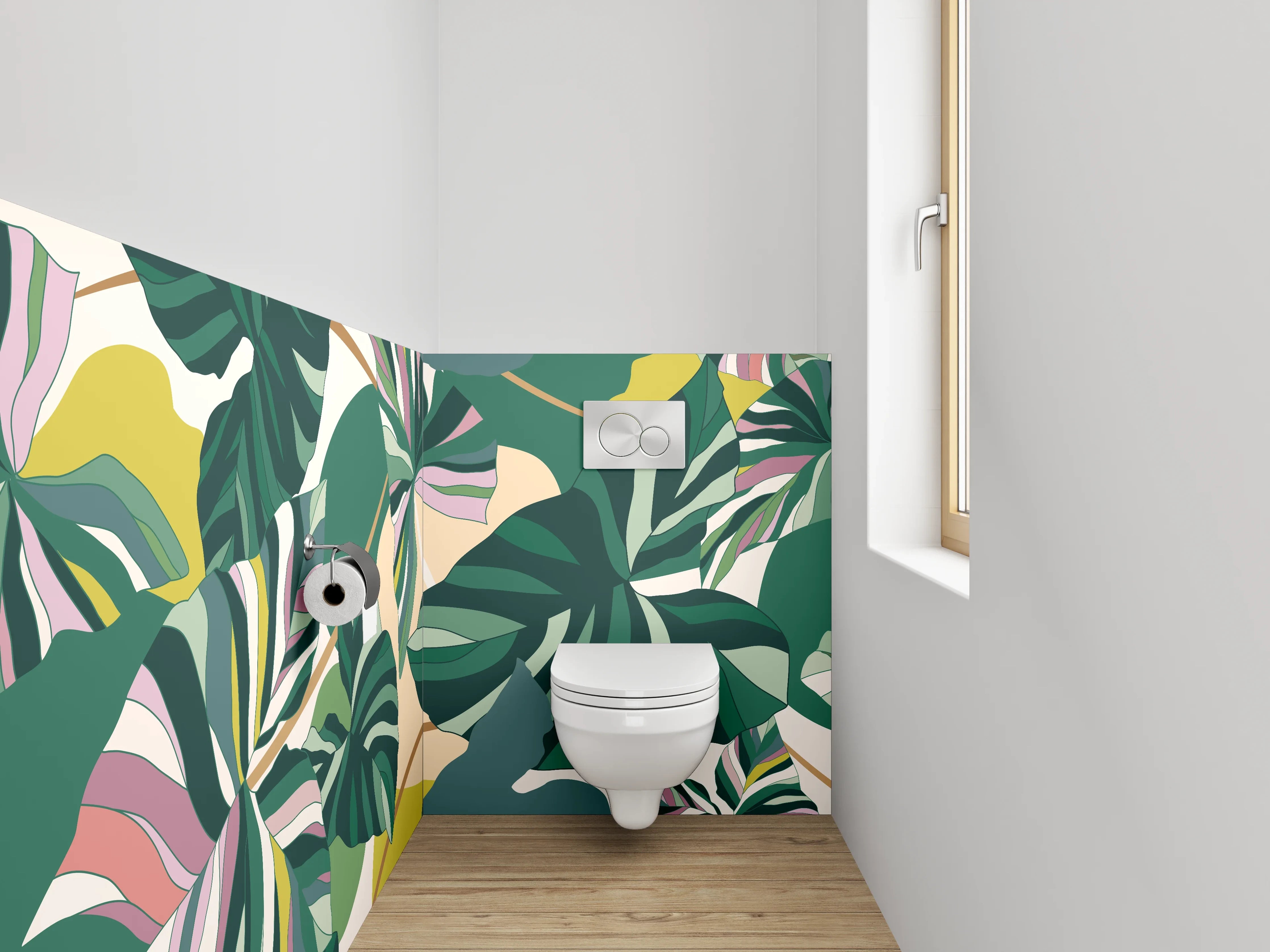 WC-Rückwand - Tropisches Blätter-Design Grün Rosa
