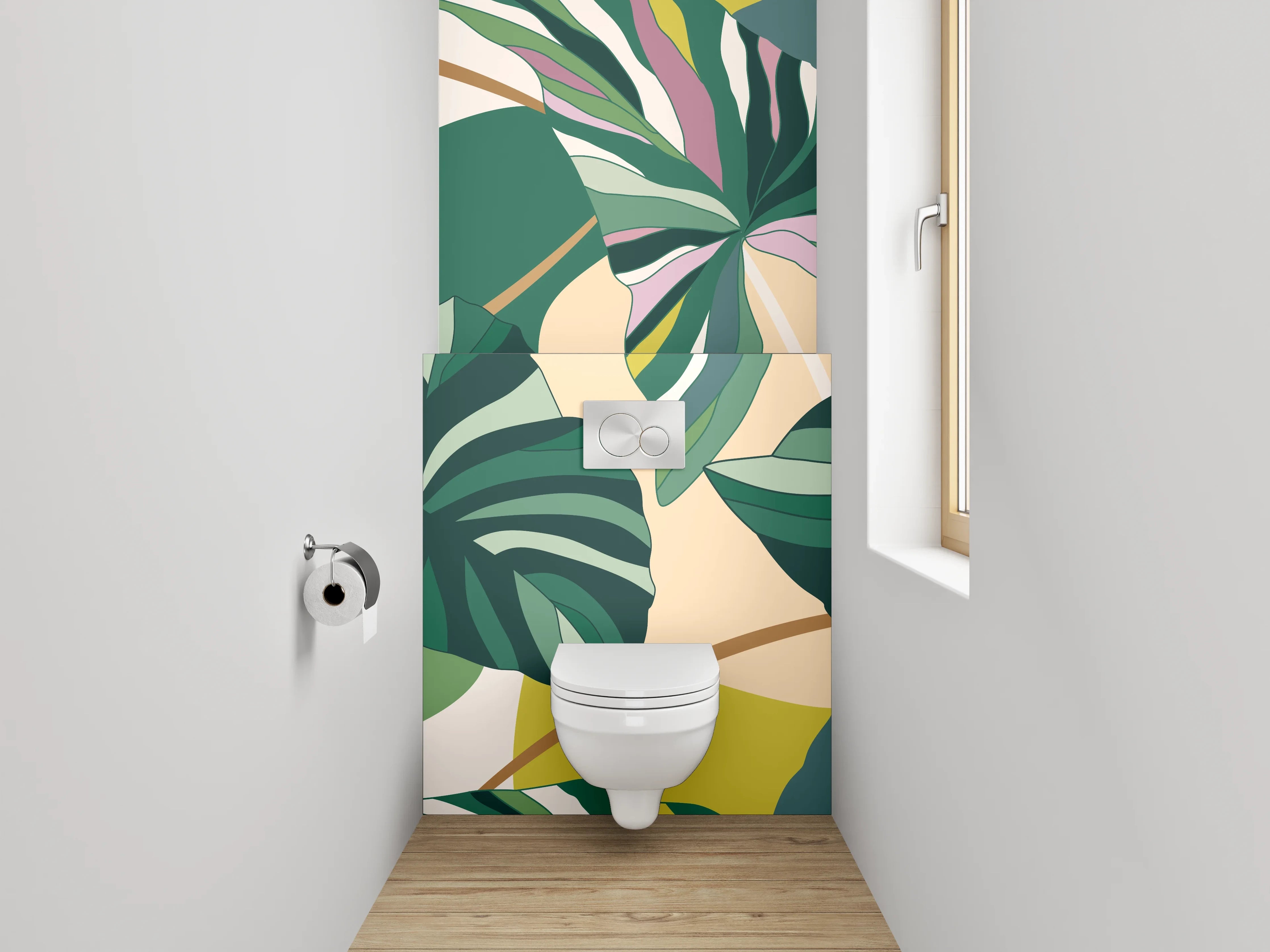 WC-Rückwand - Tropisches Blätter-Design Grün Rosa