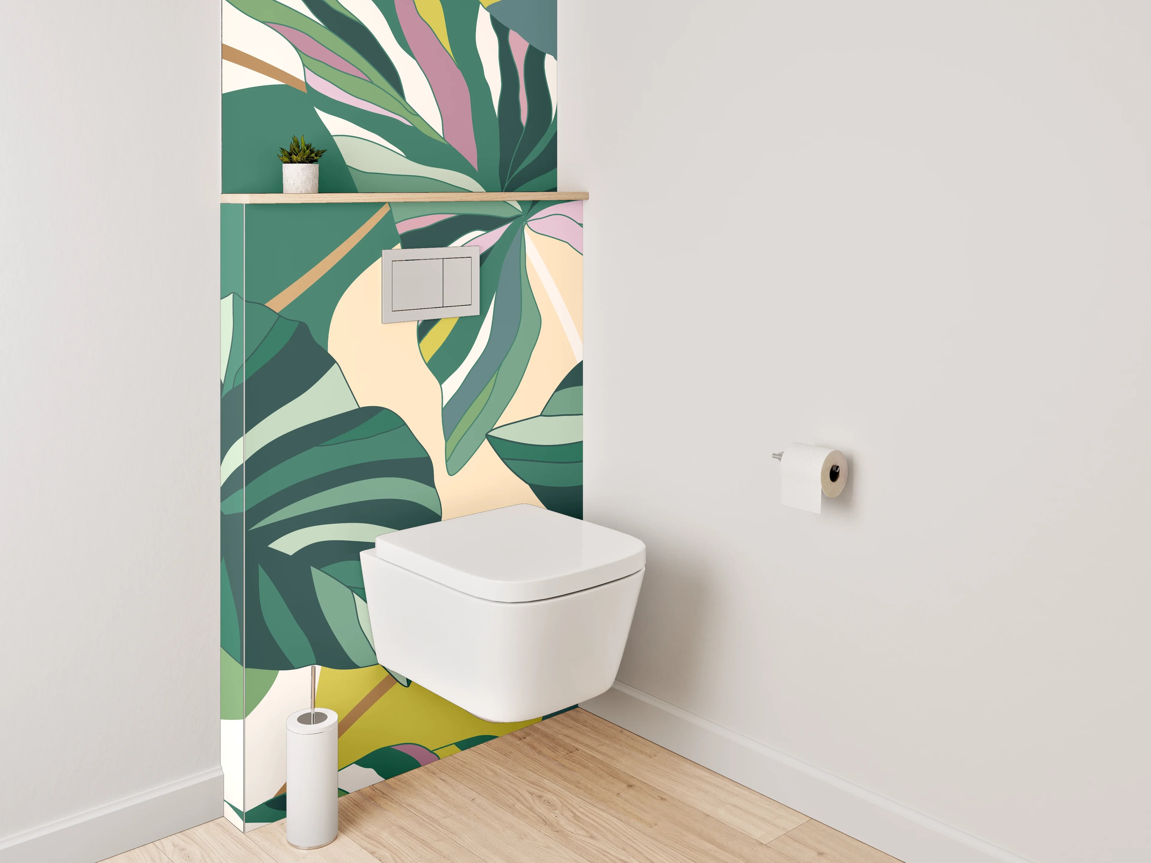 WC-Rückwand - Tropisches Blätter-Design Grün Rosa