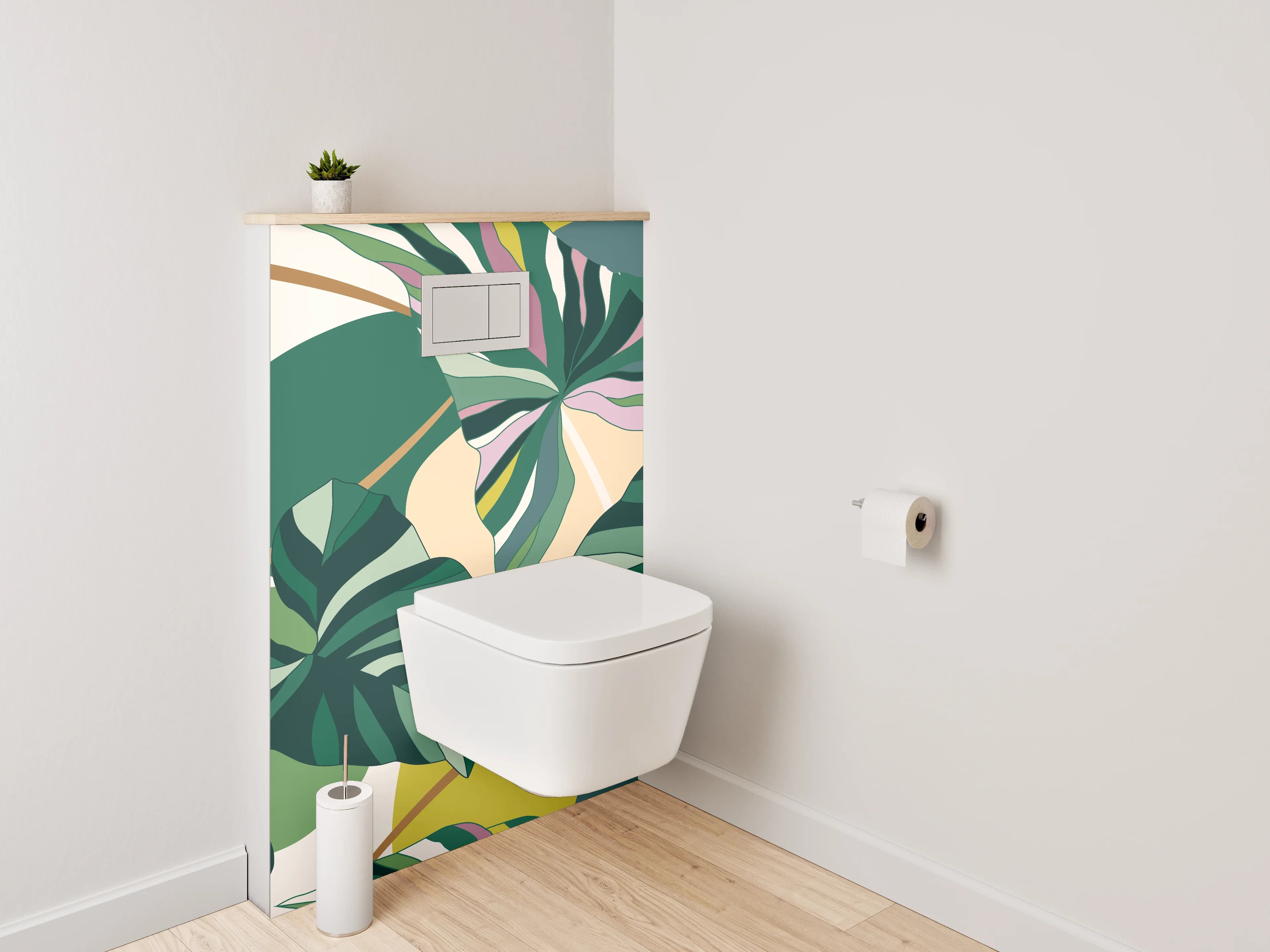 WC-Rückwand - Tropisches Blätter-Design Grün Rosa