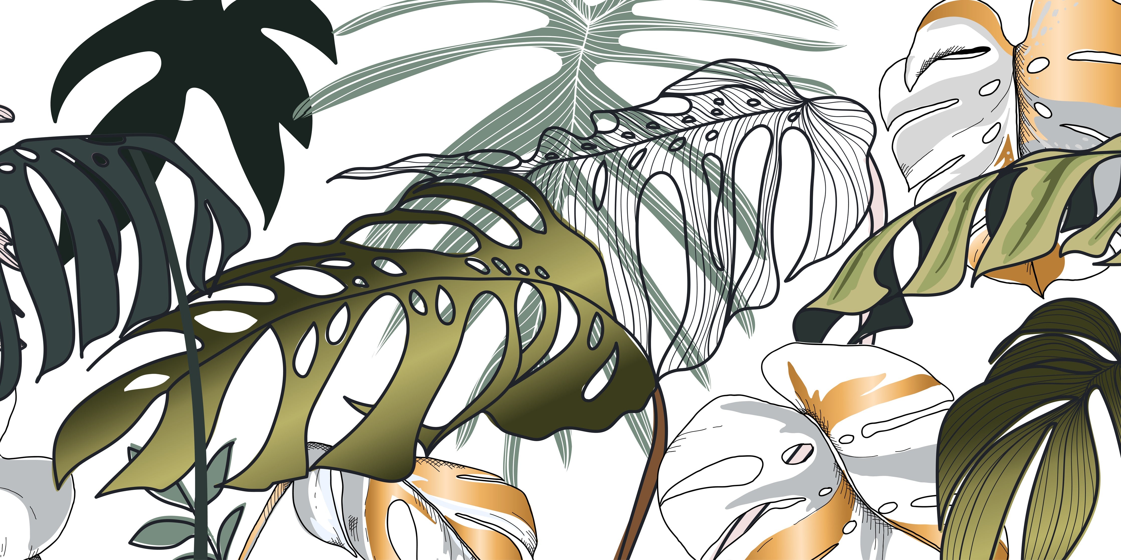 WC-Rückwand-Tropisches Blattdesign Grün-Gold Illustration