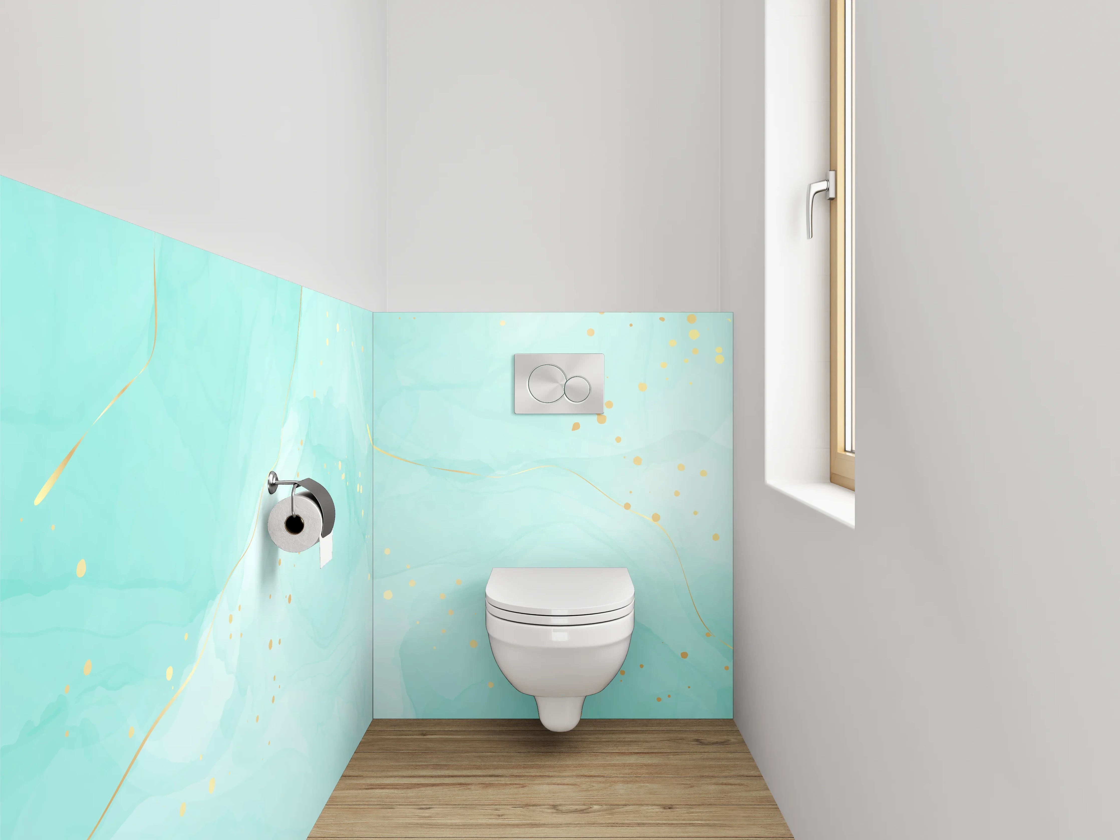 WC-Rückwand - Türkis Aquarell Marmor mit Goldsprenkeln