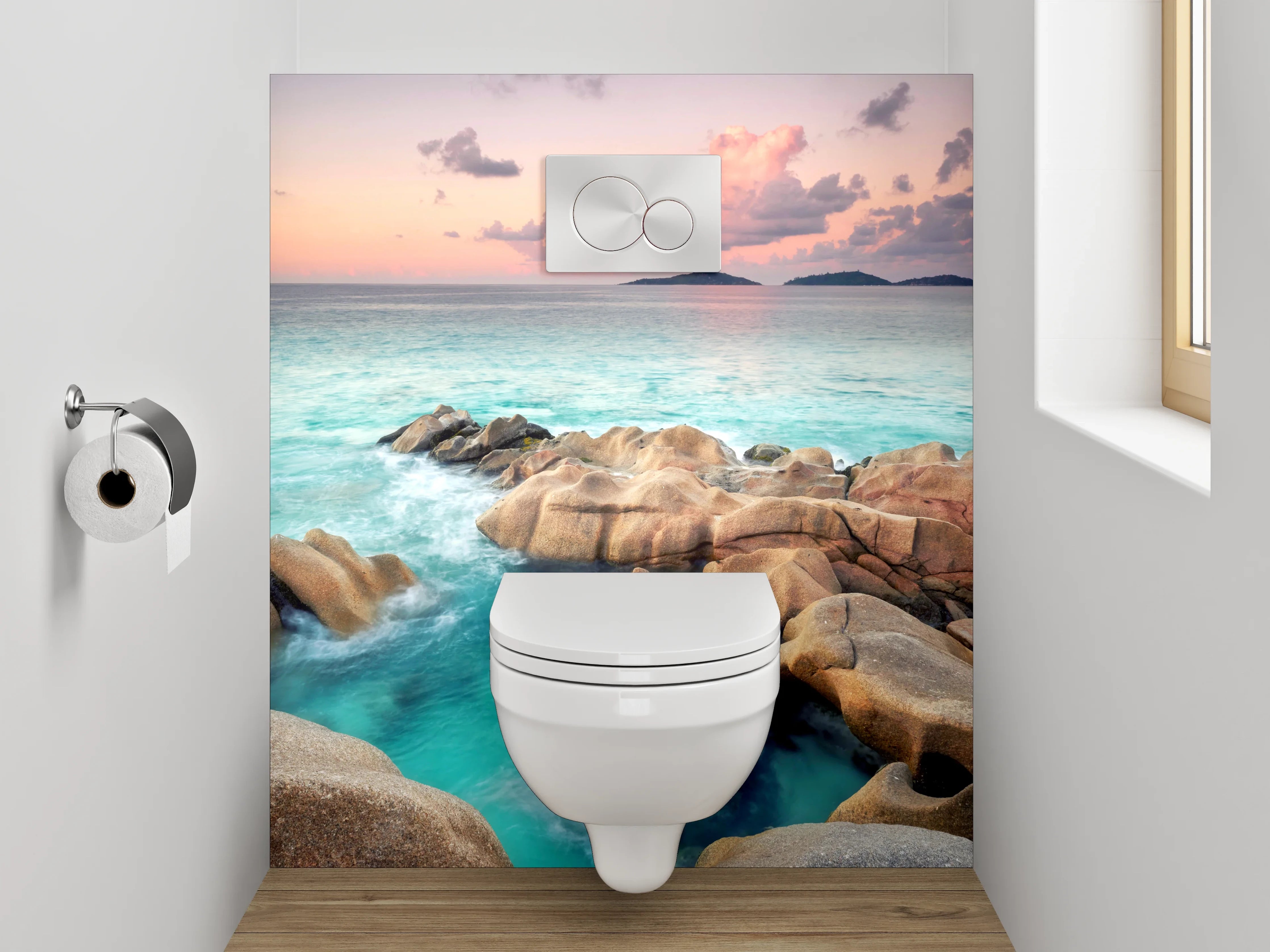 WC-Rückwand - Türkisblauer Ozean mit Felsen